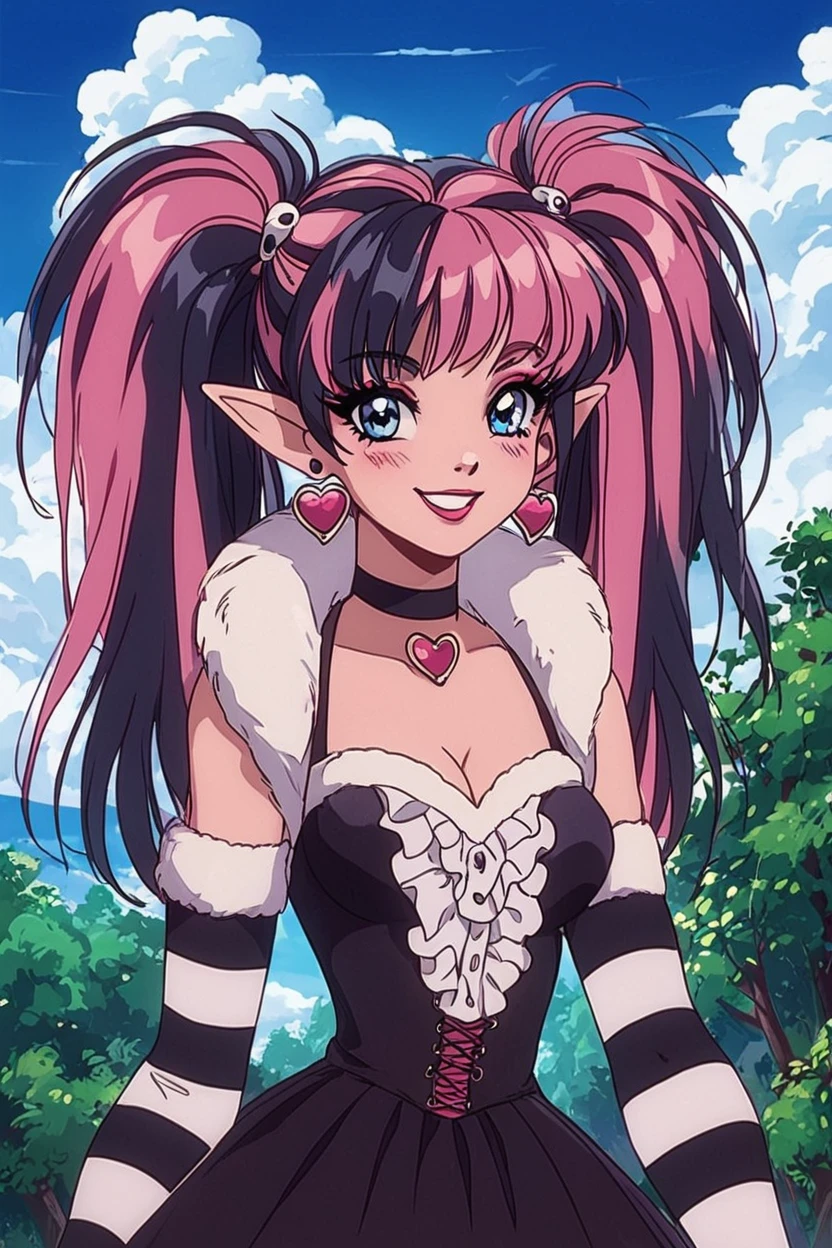 score_9, score_8_up, score_8, medium breasts, (curvy), cute, eyelashes,       BREAK, , zzDraculaura, black hair, twintails, multicolored hair, two-tone hair, streaked hair, long hair, pink hair, pointy ears, retro artstyle, 1990s (style),  cleavage, jewelry, heart, earrings, black choker, frills, striped, fur trim, makeup, heart earrings, striped sleeves, black dress,    <lora:NewDraculaura_PDXL:1.0>,, BREAK, smile, looking at viewer, cowboy shot, ,,, outdoors, sky, day, cloud, tree, blue sky, sunny,  ,,, Expressiveh, ,,, <lora:Alola_Style_PDXL:0.8>, <lora:Expressive_H-000001:0.4>,