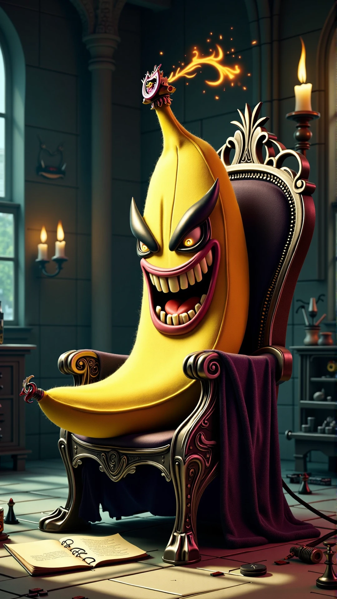 An image of a villainous item: A diabolical, maleficent Bananacushion sits atop a sinister, twisted throne, emanating an aura of wickedness. The Bananacushion's plush, yellow peel now resembles a grotesque, evil grin, with a menacing, maniacal smirk etched into its fabric. The once-cuddly cushion's 'smile' stretches across its face, twisting into a fiendish, villainous curve, revealing a set of sharp, pointed teeth. Its button 'eyes' gleam with malevolent intent, as if plotting the downfall of all who dare approach.
The throne, adorned with dark, twisted metalwork and tattered, black velvet drapes, appears to be crafted from the remnants of a long-forgotten, ancient evil. The air is thick with an eerie, ominous energy, as if the very presence of the Bananacushion is corrupting the surrounding environment.
The nefarious Bananacushion sits within a dark, damp, and foreboding lair, lit only by flickering, malevolent candles that cast eerie shadows upon the cold, stone walls. The atmosphere is heavy with the scent of decay and corruption, and the sound of distant, maniacal laughter echoes through the corridors, hinting at the Bananacushion's dastardly plans for world domination.<lora:VillainousStyleFlux:1>