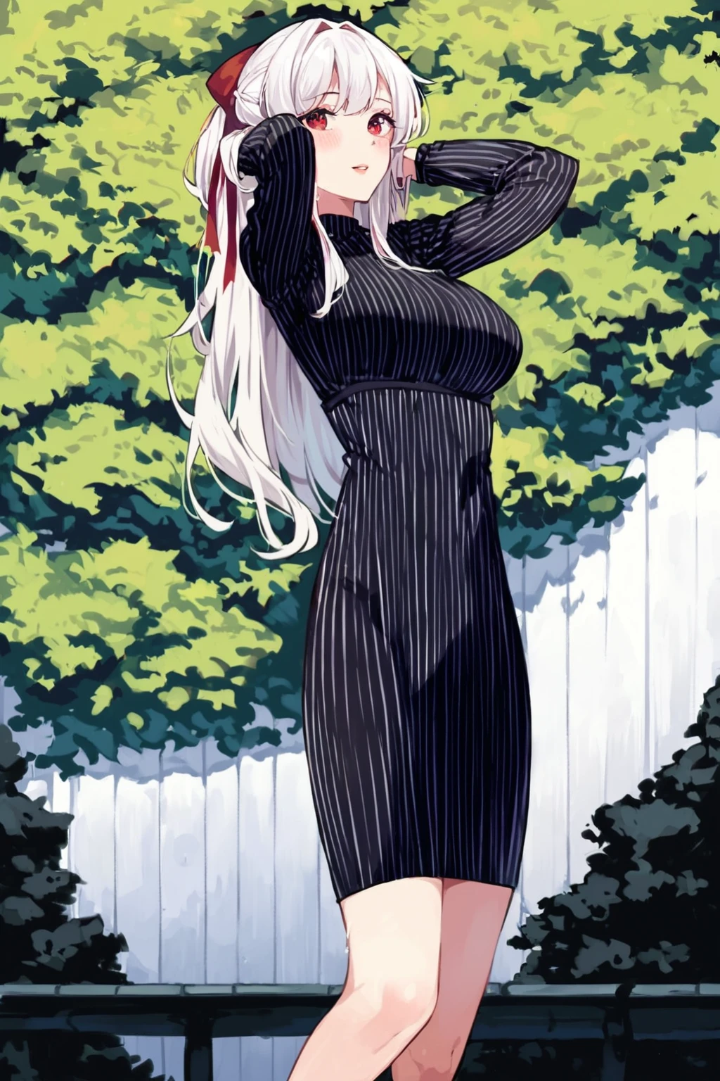 score_9, score_8_up, score_7_up, rating_mature, matou sakura, dark sakura, 1girl, black dress, body markings, breasts, dress, hair ribbon, long hair, long sleeves, red eyes, ribbon, striped clothes, striped dress, vertical-striped clothes, vertical-striped dress, white hair, solo, solo focus, , night, dark, forest, Standing on a rooftop, arms raised, celebrating a moment of triumph., <lora:dappermouth:1>âââ