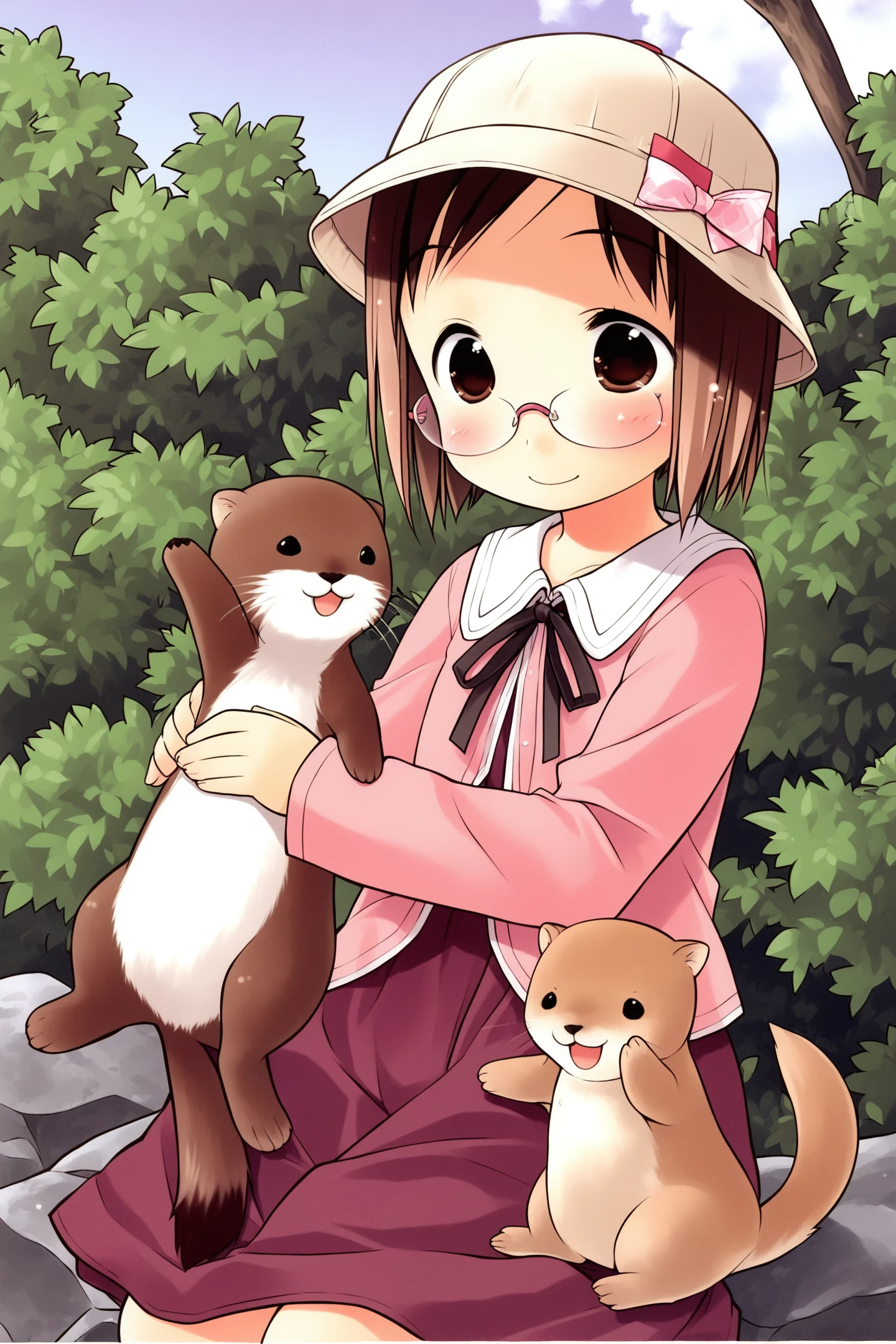 Matsuri Sakuragi,1girl,glasses,hat,solo,brown hair,brown eyes,short hair,smile,ribbon,animal,blush,otter,child,
<lora:Ichigo Mashimaro_illustriousXL:0.85>,