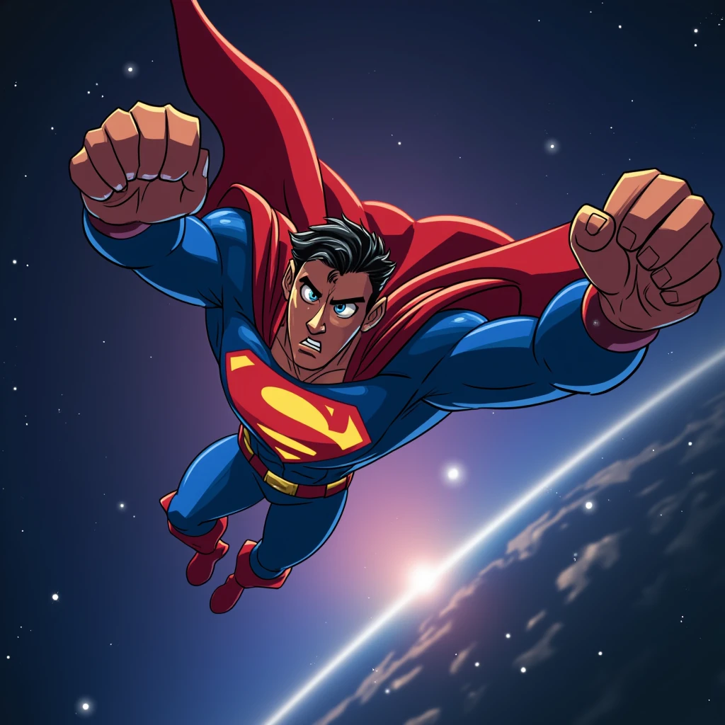 UHD, 4k, ultra detailed, cinematic, a photograph of  <lora:cartoon John North style v3:1>
A cartoon picture of a cartoon muscular superman flying in the deep space towards viewers, epic, beautiful lighting, inpsiring