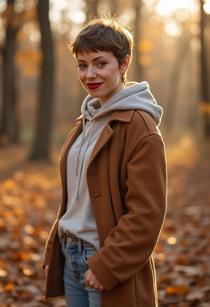 an amateur photo of raffaelaraab, a smiling woman with very short pixie hair, wearing lipstick and modest casual autumn clothes and jeans on a sunny autumn day.