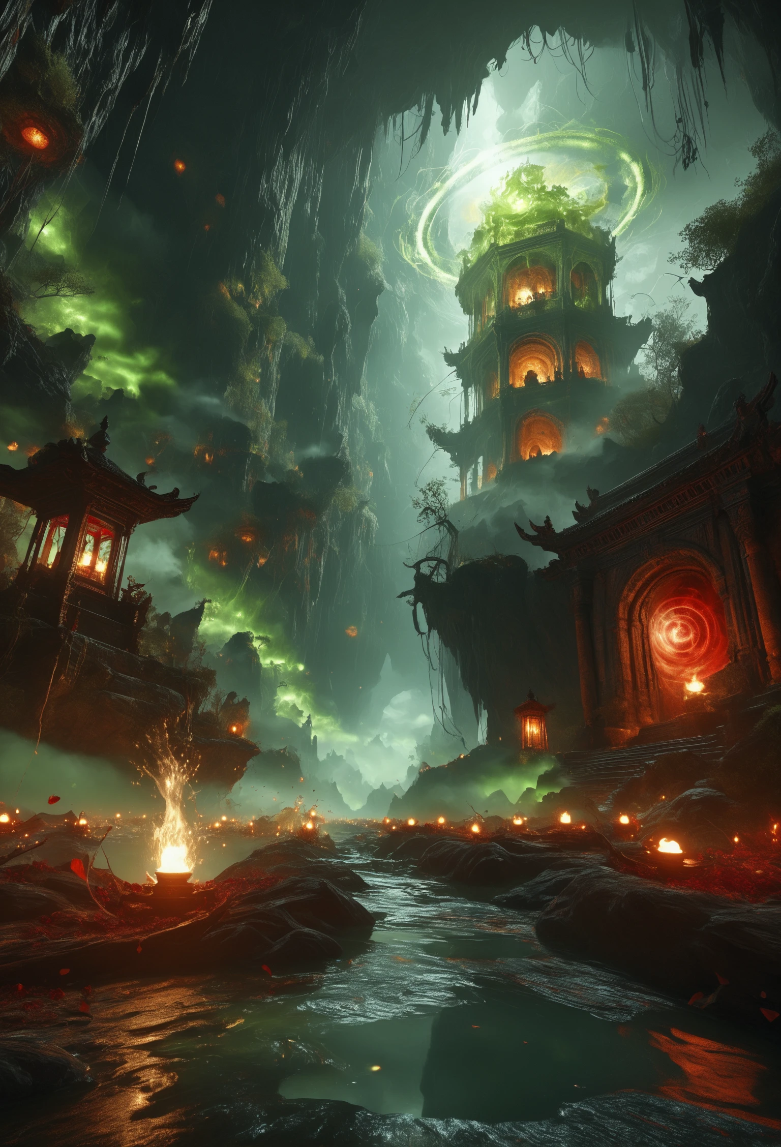 score_9, score_8_up, score_7_up, abyssmerald, dark, haunting, green fog, cave, (in the center is massive glowing portal with intricate detailed frame, arms reaching out of portal from otherworld:1.2), river, water reflection, red lantern, background fantasy, ancient background, masterpiece, top quality, best quality, official art, cinematic lightings, photorealistic.