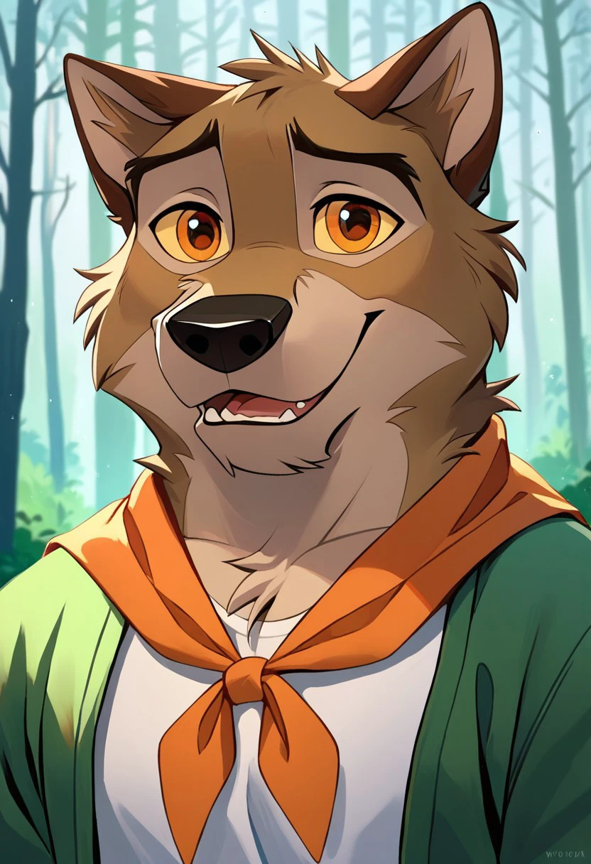 score_9, score_8_up, score_7_up, source_furry, source_furry, baltotwd, wolfdog, solo, anthro, snowing, forest, orange neckerchief