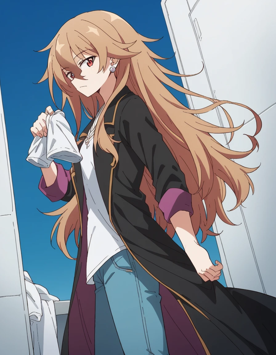 score_9, score_8_up, score_7_up, source_anime, <lora:vending-hulemy-s1-ponyxl-lora-nochekaiser:1>, hulemy, long hair, brown hair, red eyes, hair between eyes,, shirt, long sleeves, jewelry, white shirt, earrings, pants, coat, open coat, black coat, jeans,, laundry day, clothesline, drying clothes, domestic life, fresh air, blue sky, , from side, looking at viewer, solo,, dutch angle, cowboy shot