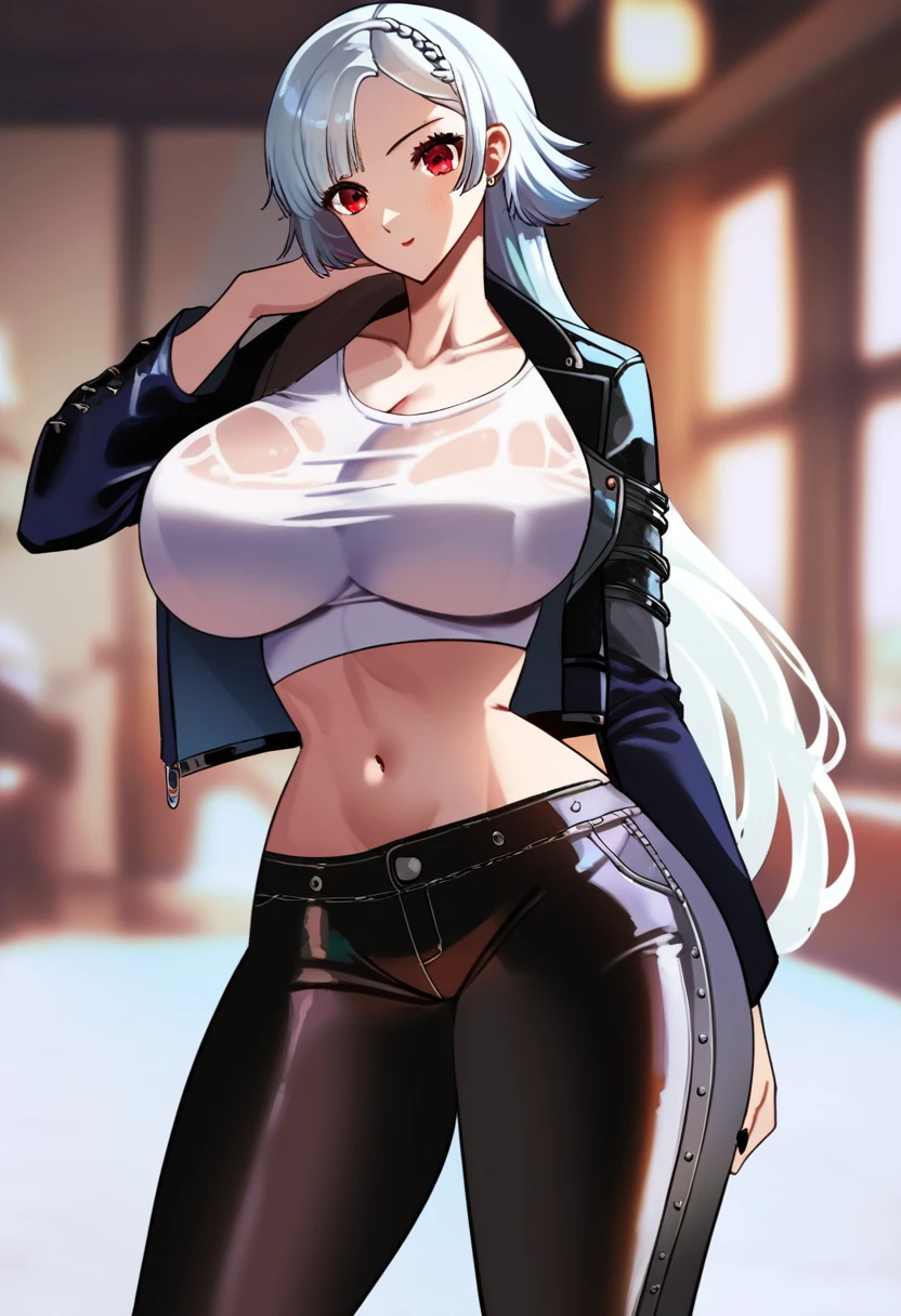 score_9, score_8_up, score_7_up, score_6_up, BREAK 1girl, female, huge breasts, thick thighs, wide hips, voluptuous, tall woman, Sae Niijima, Persona 5, long silver hair, red eyes, cropped leather jacket, white shirt, black pants, black nails <lora:nicorima-000002:1>