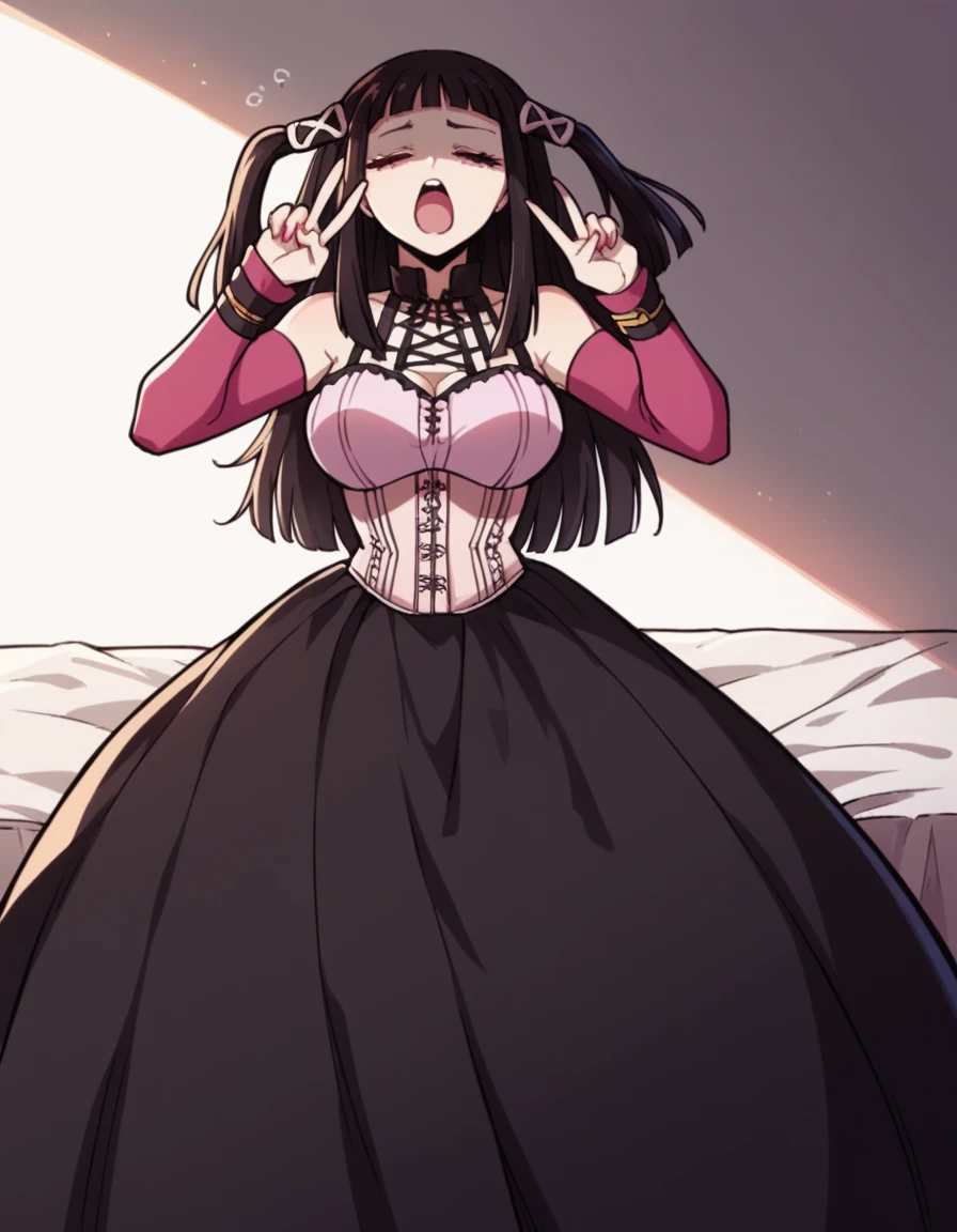 score_9, score_8_up, score_7_up, source_anime, <lora:ruby-toujou-s2-ponyxl-lora-nochekaiser:1>, ruby toujou, long hair, black hair, pink eyes, two side up, bangs, blunt bangs, large breasts,, detached sleeves, corset, skirt, black skirt, long skirt,, bedroom, alarm clock, morning routine, yawning, stretching, on bed,, , v, v over eyes,, looking at viewer, solo,, dutch angle, cowboy shot