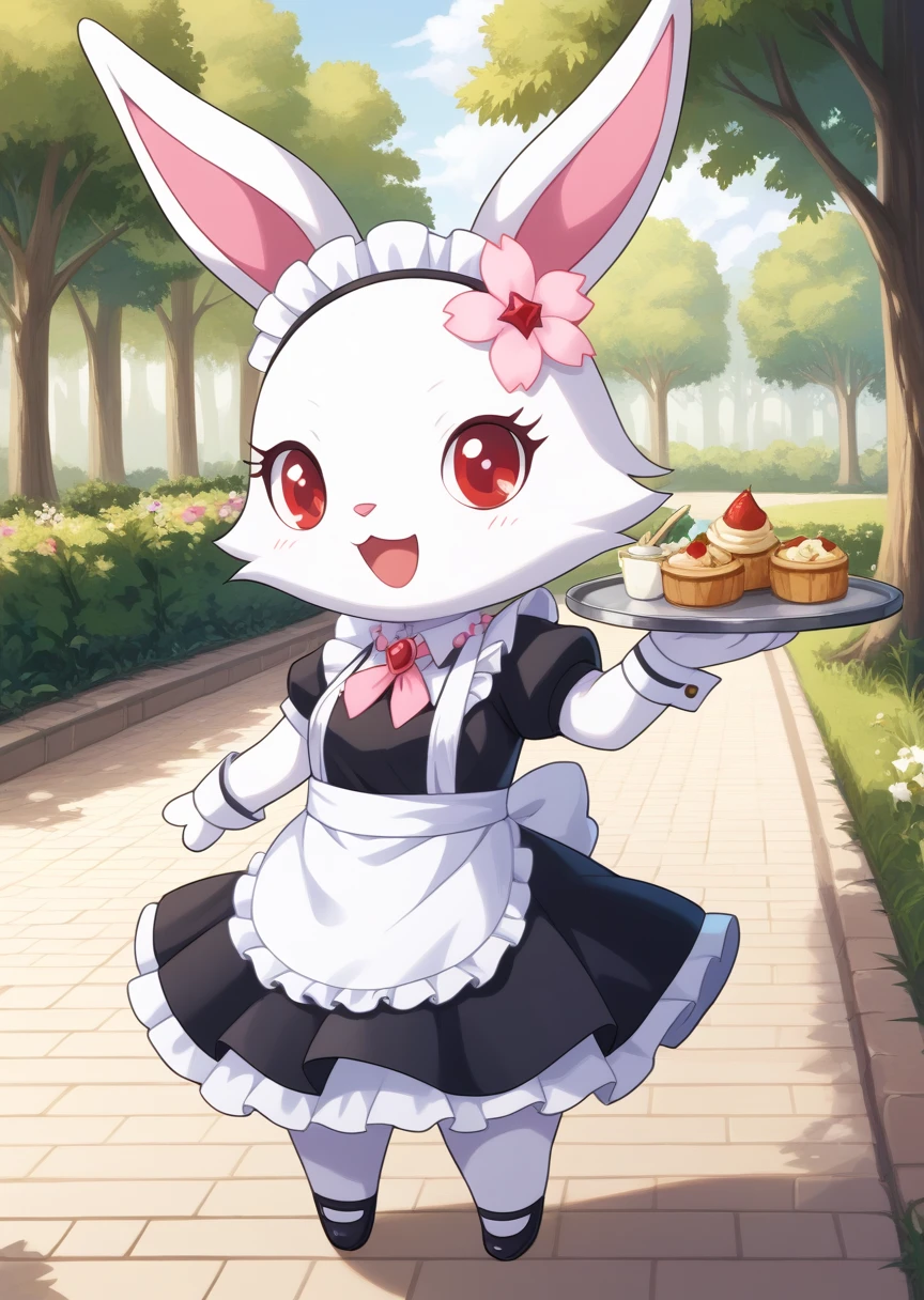 score_9, score_8_up, score_7_up, score_6_up, score_5_up, BREAK
ru6y, anthro, female, jewelpet, furry, rabbit ears, solo, looking at viewer, smile, open mouth, hair ornament, red eyes, flower, :d, necklace, no humans, rabbit, chibi, short limbs, park, dynamic pose, cafe, maid dress, maid headdress, tray