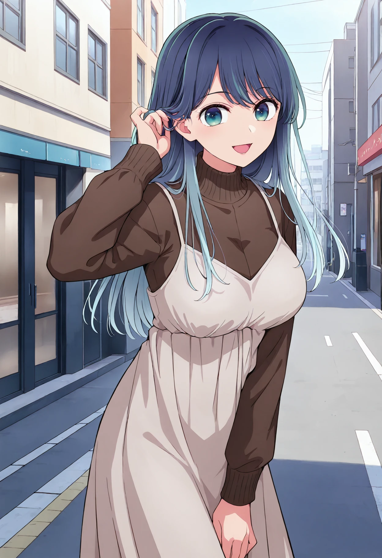 <lora:kurokawaakane_ill:1>kurokawaakane, 1girl, solo, long hair,, blue hair, long sleeves,, bangs, , gradient hair, upper body, smile, open mouth, turtleneck sweater, aqua eyes, brown sweater, , pinafore dress, standing ,cowboy shot, large breasts, , long dress, days, street, , hand in own hair, looking at viewer, street,, perfect hands