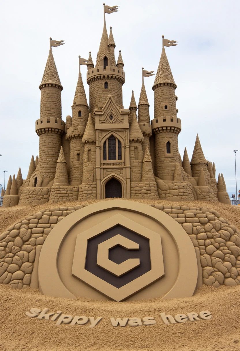 <lora:Sand_Sculpture_Sculptor_FLUX:1> <lora:civitaiLogoFlux:1>
The image is a photograph of an intricately carved sand sculpture, depicting a civitaiLogo made of sand positioned in front of a sandcastle. The civitaiLogo is the central focus and is crafted with remarkable detail. The sandcastle structure behind the civitaiLogo features multiple towers, battlements, and turrets, adorned with intricate, ornate detailing. The castle has a grand, medieval appearance with a central, large, arched window and a decorative, pointed roof. 
The civitaiLogo and castle are built on a stone-like base made of sand, which is meticulously arranged to mimic the texture and color of actual stones. The sandcastle's towers are adorned with small, delicate, pointed spires and flags on top, giving it a fairy-tale appearance. The words "Skippy was here" is carved into the sand.