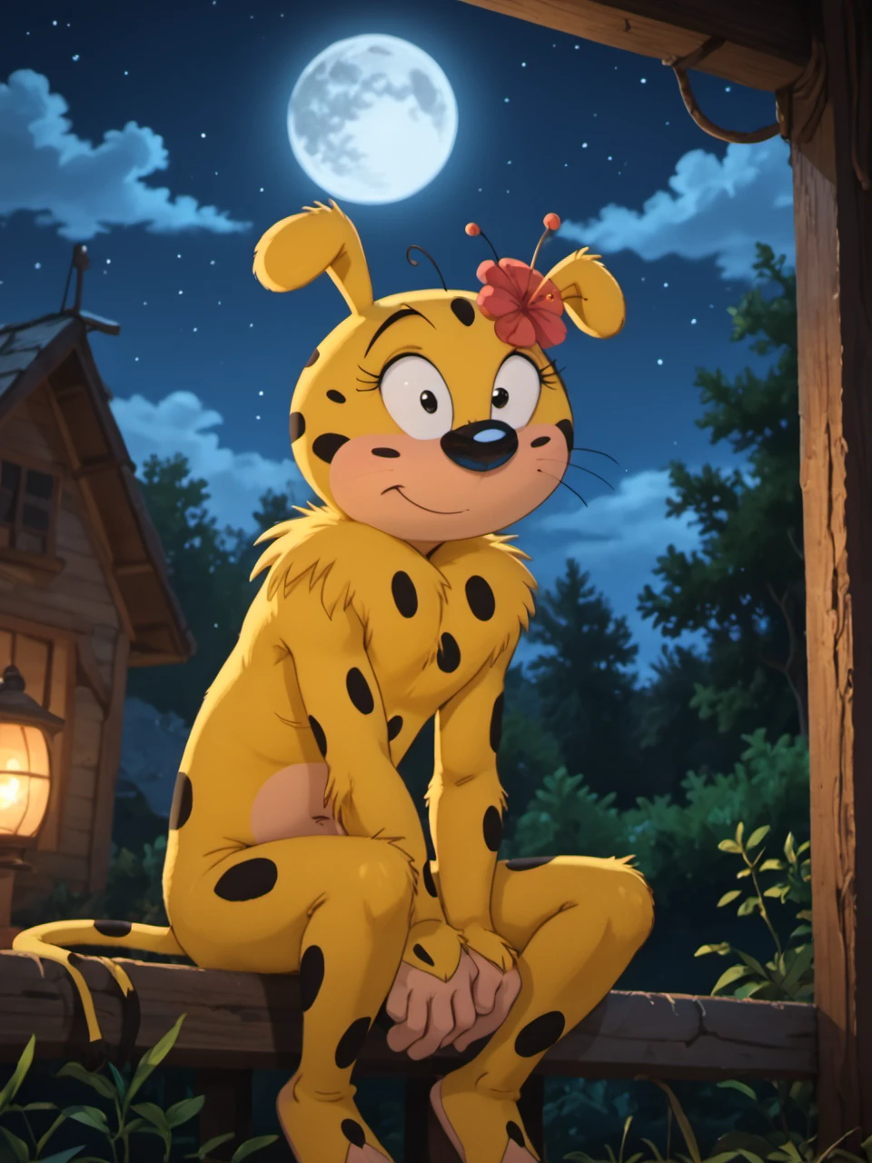 score_9, score_8_up, score_7_up,  score_6_up, BREAK, M4rsupi4amie, 1girl, solo, black eyes, tail, hair flower, yellow fur, night, moon, moonlight, rim lighting, sitting, hands on knees, looking at viewer <lora:Marsupilamie:0.8>  <lora:David_style:1> Poststyl,