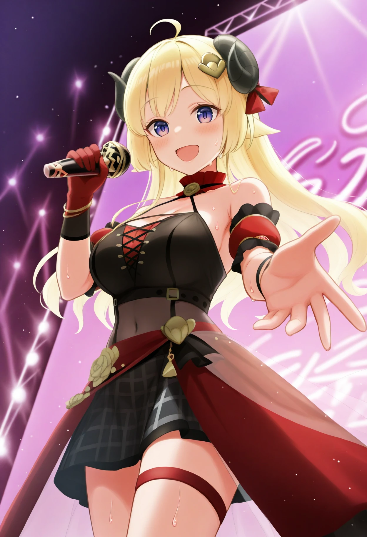 masterpiece, best quality, 1girl, solo, WtmIdol, horns, blonde hair, purple eyes, long hair, ahoge, gold hair ornament, black dress, halterneck, cross-laced top, cleavage, puffy short sleeves, detached sleeves, bare shoulders, covered navel, red overskirt, see-through skirt layer, red gloves, single glove, red thigh strap, on stage, stage lights, neon lights, audience, holding microphone, sweat, smile, :d, blush, reaching towards viewer, from below, <lora:ChamTsunomakiWatameIllustriousXL:1>, <lora:ChamIllustriousBackgroundEnhancer:1>