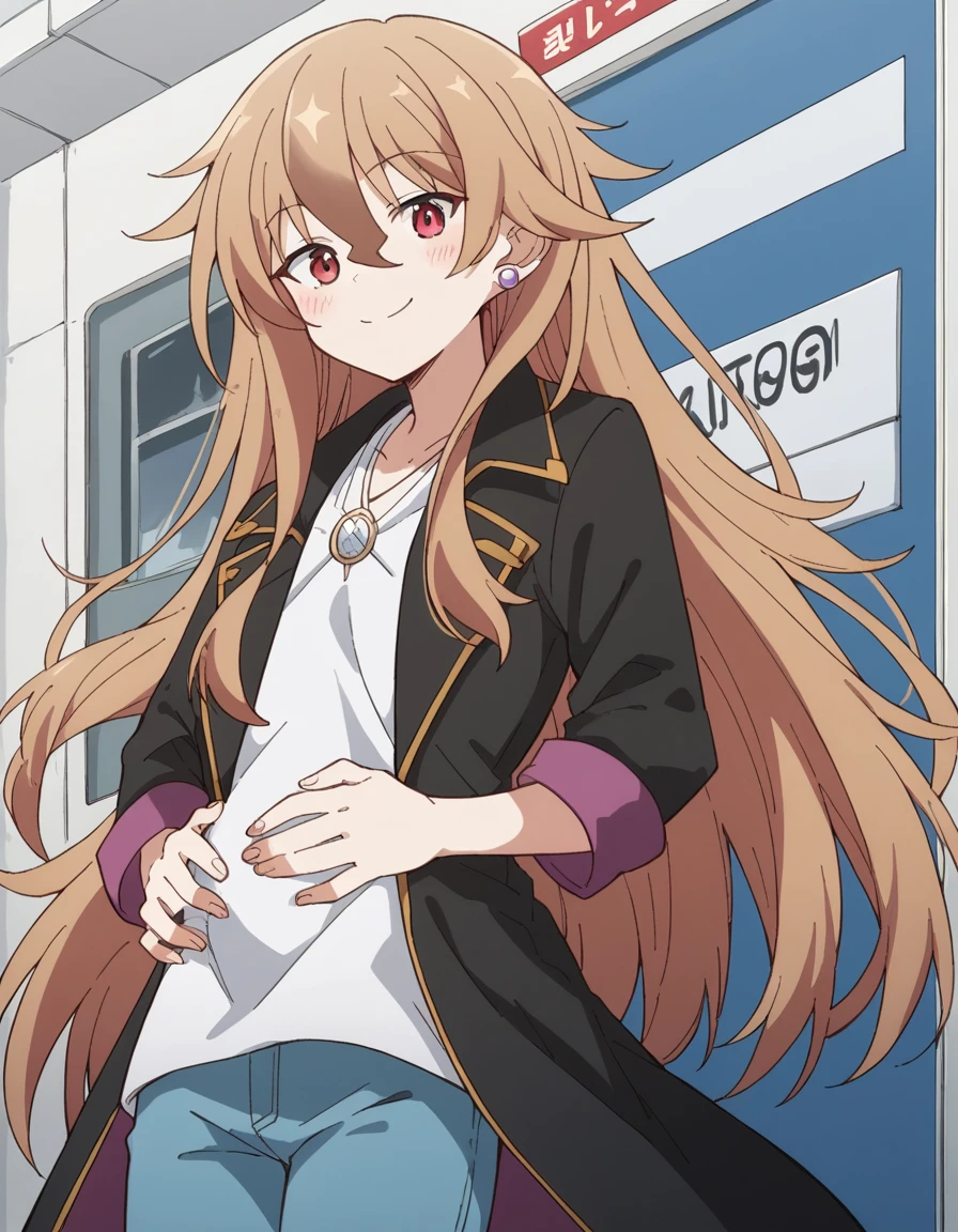 score_9, score_8_up, score_7_up, source_anime, <lora:vending-hulemy-s1-ponyxl-lora-nochekaiser:1>, hulemy, long hair, brown hair, red eyes, hair between eyes,, shirt, long sleeves, jewelry, white shirt, earrings, pants, coat, open coat, black coat, jeans,, bus stop, waiting, commuter, smartphone, checking time, cold morning, smile, hands on stomach, blush,, looking at viewer, solo,, dutch angle, cowboy shot