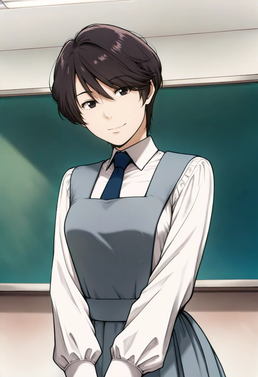 solo, masterpiece, best quality, 1girl, solo, <lora:NSYasukoAoi:1> NSYasukoBase, black hair, short hair, black eyes, blue necktie, gray dress, sideless dress, pinafore dress, long sleeves, white sleeves, collared shirt, white shirt, classroom, cowboy shot, light smile, looking at the viewer