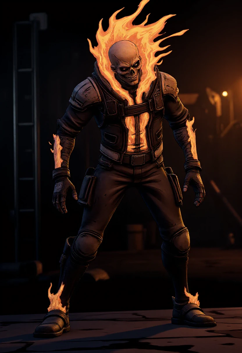 Ghost Rider, dark atmosphere, cel shading<lora:Borderlands_Style_-_v2:0.8>