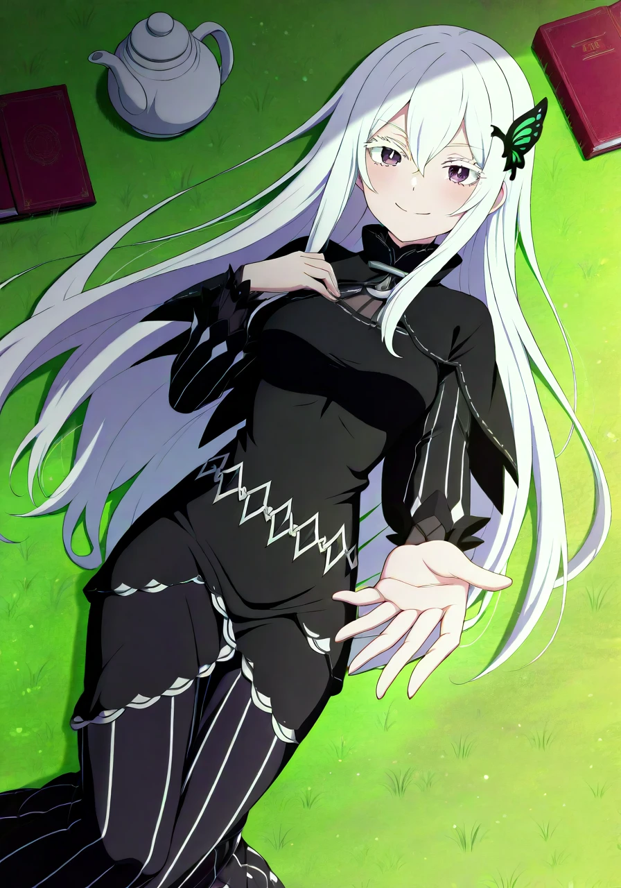 masterpiece, best quality, anime coloring, Echidona, mainfit, 1girl, colored eyelashes, butterfly hair ornament, teacup, hair between eyes, black dress, lying, cup, looking at viewer, bug, smile, white hair, on back, long sleeves, book, medium breasts, tea, closed mouth, from above, blush, reaching towards viewer, grass, outdoors, purple eyes, outstretched arm, outstretched hand, black capelet, teapot