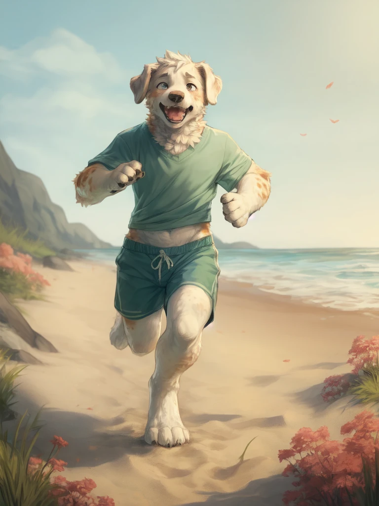 close-up portrait, (fantasy art), solo, dog, floppy ears, shirt, swim trunks, enthusiasm, excitement, running at the (beach), sand, (grass), (flowers), outside, complex background, (by milkytiger1145, by garnetto)