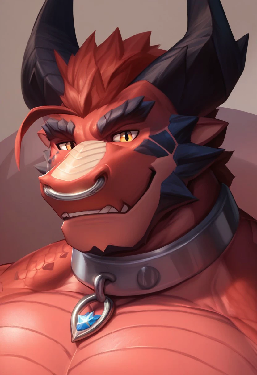 zPDXL3,score_9, score_8_up, score_8, score_7_up, score_7, source_furry,  digital media \(artwork\), masterpiece, high quality, best quality,1boy, furry male, solo, dragon horns, red body,upper body,looking at viewer,muscular male,nose_piercing, dragon,nose ring,(shoulder),,(collar),(scale on nose),(scale:1.2)