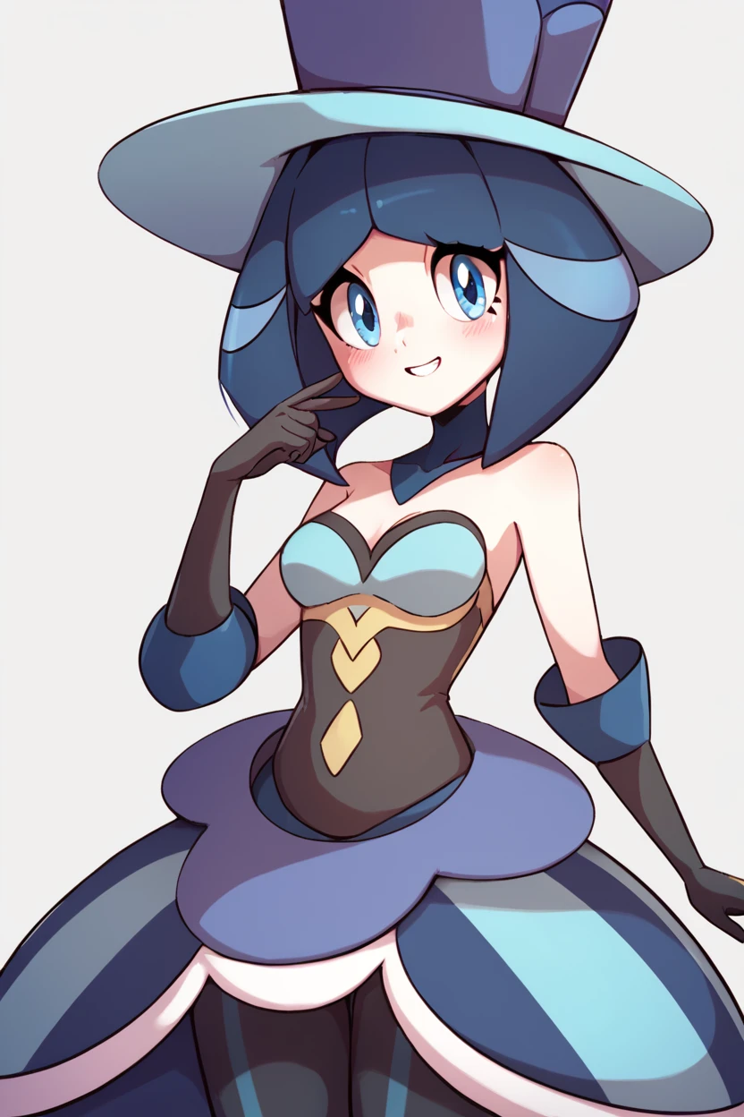 score_9, score_8_up, score_8, medium breasts, (curvy), cute, eyelashes,       ,,, , ,,, zzEvelyn, blue eyes, blue hair, medium hair, black gloves, blue headwear, bare shoulders, elbow gloves, blue dress,  <lora:Evelyn_Pokemon_PDXL:0.8>,     ,,,, BREAK, smile, looking at viewer, cowboy shot, ,,, embedding:zPDXL, <lora:DiivesP1:0.7>,