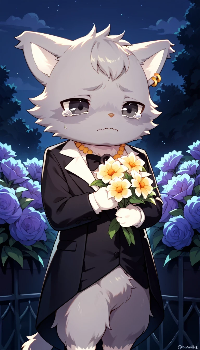 dian, male, furry, furry male, solo, 1boy, jewelry, no humans, solo, necklace, :3, cat, earrings, sad, teary eyes, wavy mouth, tuxedo, standing, (((at night))), ((((holding flowers))))