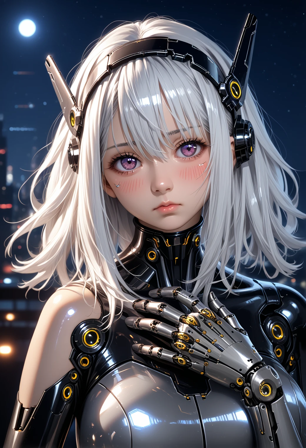 1girl,solo,looking at viewer,medium hair,bangs,hairband,purple eyes,hair ornament,hair between eyes,white hair,fluffy hair,large_breasts,blush shy,shiny_skin,very detailed clothes,very realistic textures,very detailed textures,longeyelashes,brown eye shadow,night,dim light,cyberpunk,mechanical arm,sci-fi style clothes,hair_tucking,metal material,realistic metallic texture,hands,raise your hand,