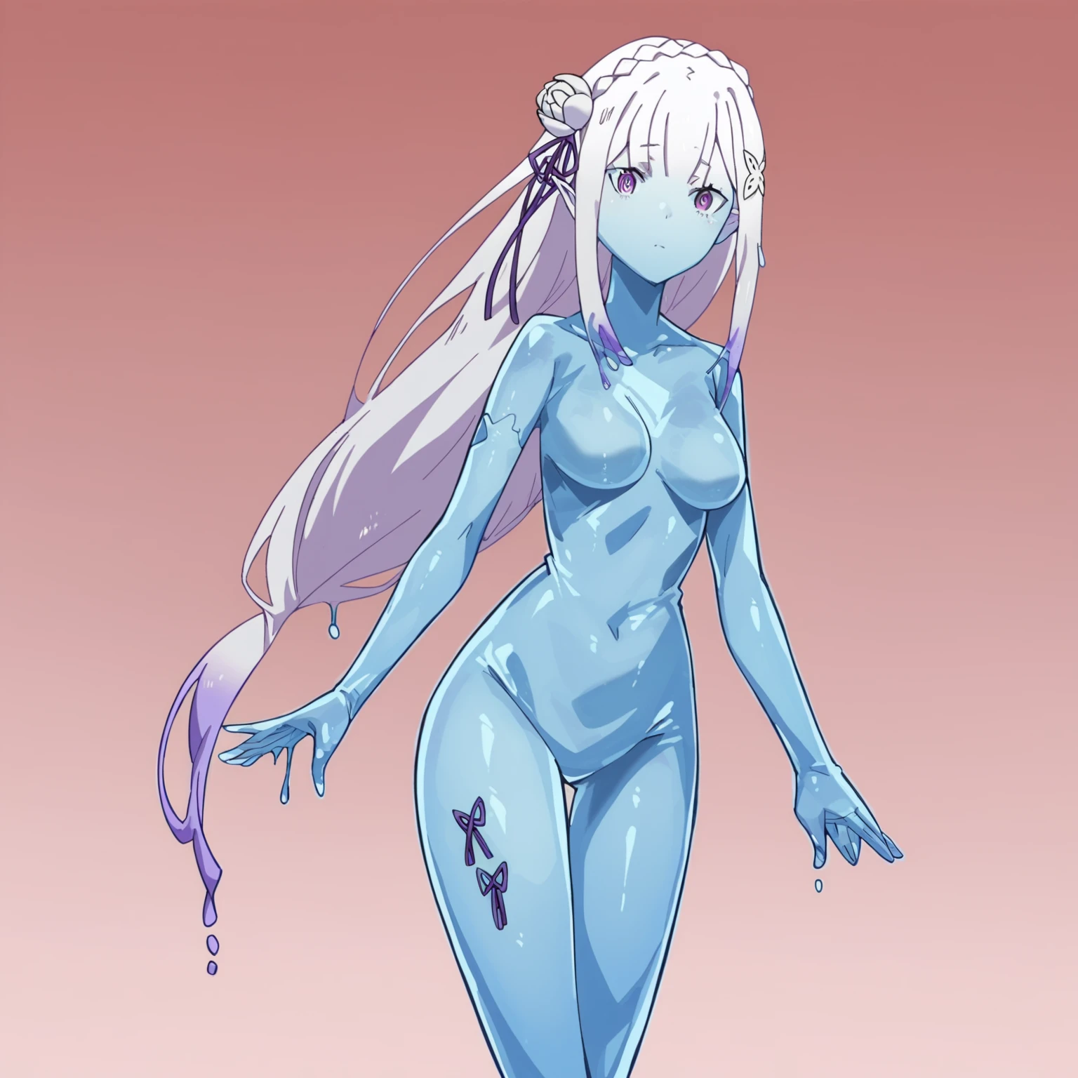 emilia, slimify, see-through body, slime girl, 1girl, score_9, score_8_up, score_7_up, source_anime, looking at viewer, gradient background,  standing, completely nude, breasts,   <lora:slimify-v0.6-000009:0.8>  <lora:Emilia_-_ReZero:1> ,hair ornament,long hair,hair flower,flower,bangs,hair ribbon,pointy ears,