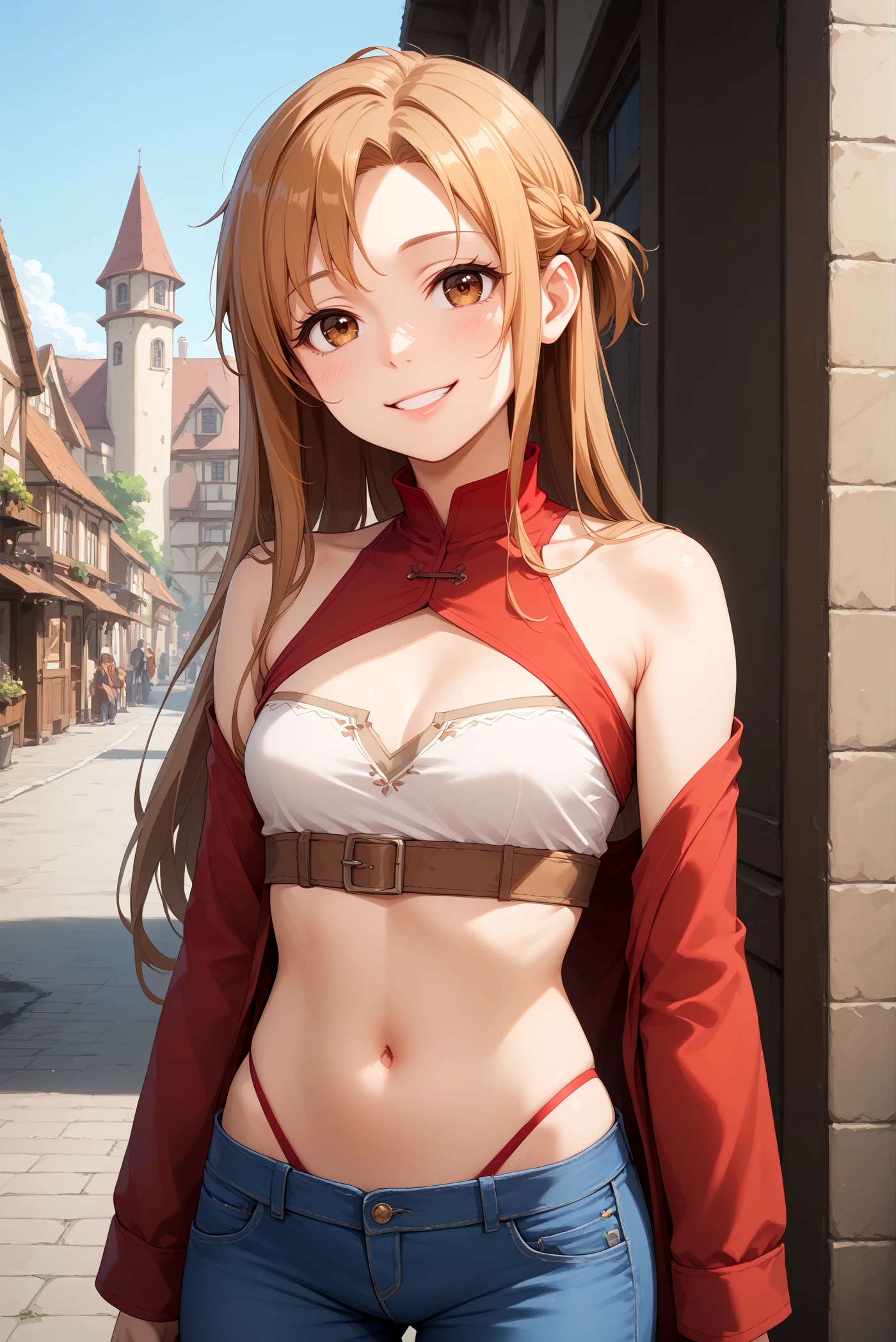 score_9, score_8_up, score_7_up, score_6_up,
<lora:P-Asuna:1> 4sun4, 1girl, solo, long hair, brown hairs, brown eyes, braid,
red crop trop, cleavage cutout, tight jeans, high waist thong, bare belly, off shoulders, 
small breasts, happy, joy, standing, seductive smile, eyelashes, parted lips, 
street background, town, medieval town, blue sky,