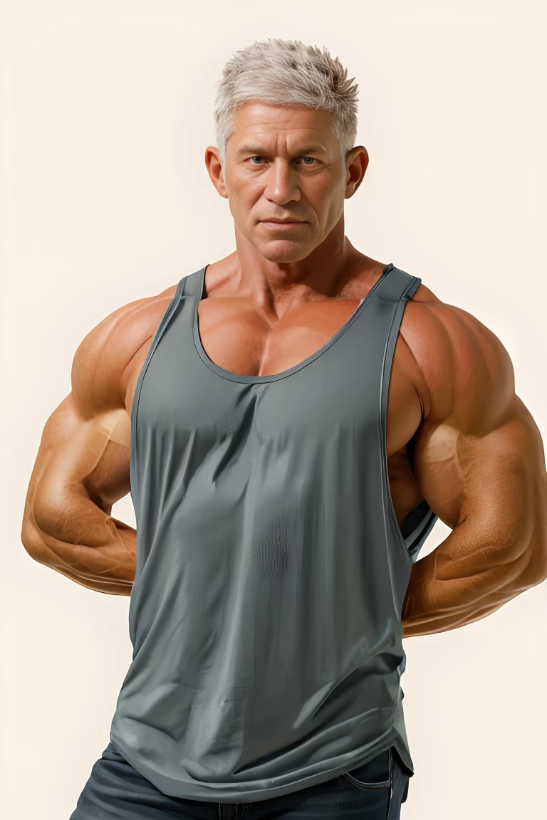 (RAW photo), absurdres, upper body, <lora:DerekSteel:0.85>, dereksteel, muscular male, facing viewer, (straight-on:1.1), tank top, simple background, (tan:0.6)