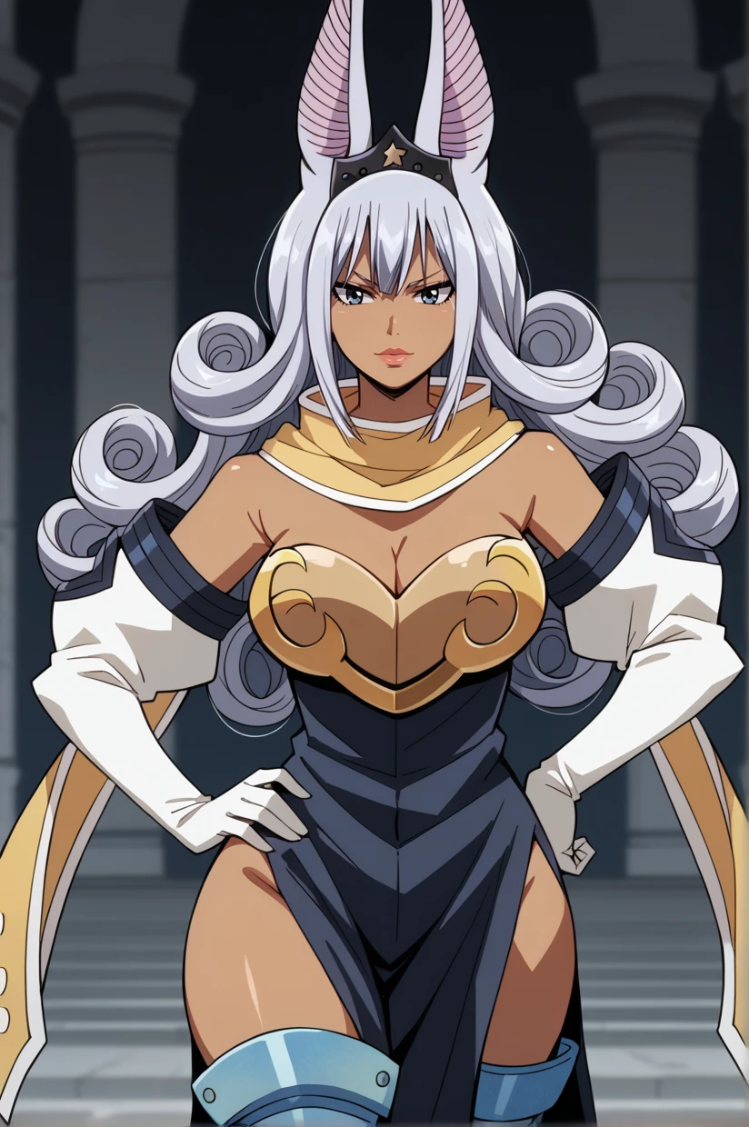 <lora:FTSwanNSLT:1> SwanFT, swan (fairy tail), animal ears, rabbit ears, long hair, grey hair, dark-skinned female, blue eyes, cleavage, bare shoulders, looking at viewer, large breasts, elbow gloves, hand on hip, dress, pelvic curtain, white gloves, thighhighs, strapless, grey eyes, thigh boots, crown, bangs, tiara, strapless dress, curly hair, black dress, armor, side slit, scarf, makeup, lipstick, 16k, masterpiece, absurdes, highly detailed, highres, high quality, best quality, score_9, score_8_up, score_7_up, score_6_up, looking at viewer, cowboy shot