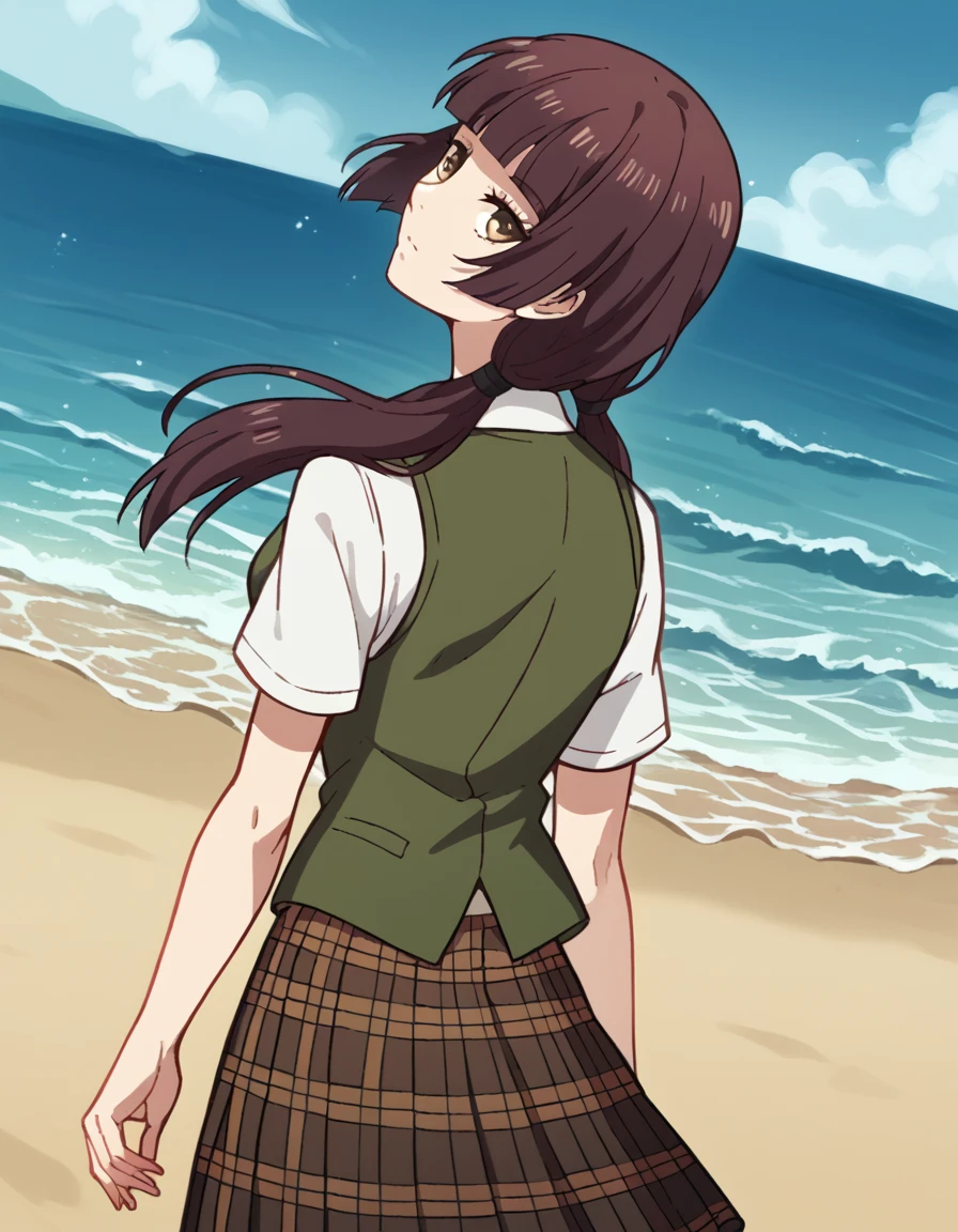 score_9, score_8_up, score_7_up, source_anime, <lora:harumi-taniguchi-s1-ponyxl-lora-nochekaiser:1>, harumi taniguchi, long hair, bangs, brown hair, twintails, brown eyes, blunt bangs, low twintails, medium breasts,, skirt, shirt, school uniform, white shirt, short sleeves, pleated skirt, vest, plaid, plaid skirt, brown skirt, beach, sunset, walking along shore, footprints in sand, waves, peaceful, , <lora:shaft-look-ponyxl-lora-nochekaiser:1>, shaft look, looking back, from behind, head tilt,, looking at viewer, solo,, dutch angle, cowboy shot