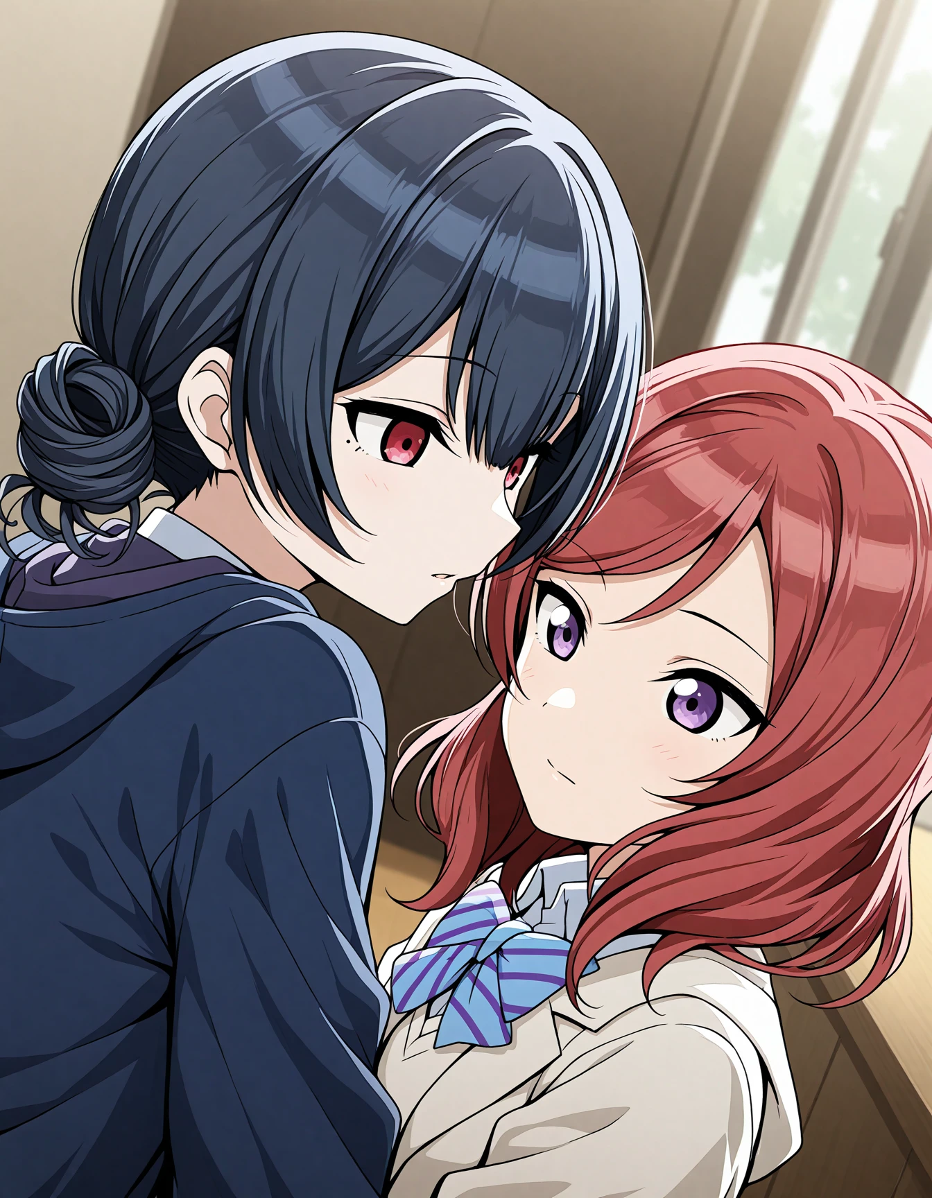 official style, 
<lora:Hyper8:0.5> 2girls, couple,
morino rinze,idolmaster shiny colors,black hair,red eyes,
nishikino maki, love live! school idol project, medium hair, purple eyes, red hair, masterpiece, best quality, amazing quality, very aesthetic, absurdres