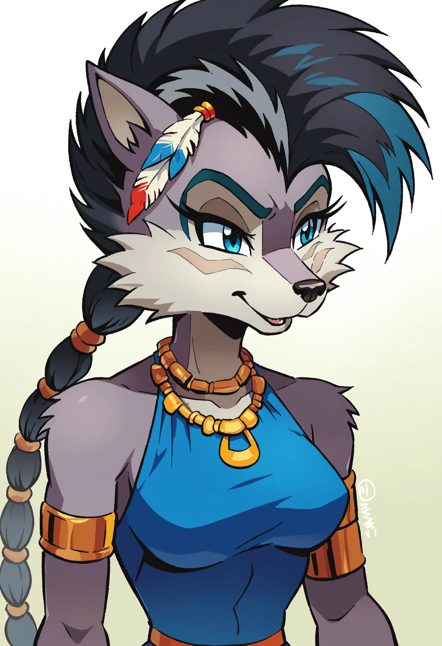 score_9, score_8_up, source_furry, <lora:Lupe_the_wolf_r1:0.8>, Lupe the wolf, anthro wolf, 1girl, mohawk, black hair, braided ponytail, blue leotard, armlet, necklace, feather hair ornament,