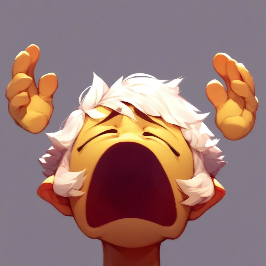 score_9_up, score_8_up, score_7_up, mikus-concept, closed eyes, open mouth, hands up, sad, white hair, yellow skin