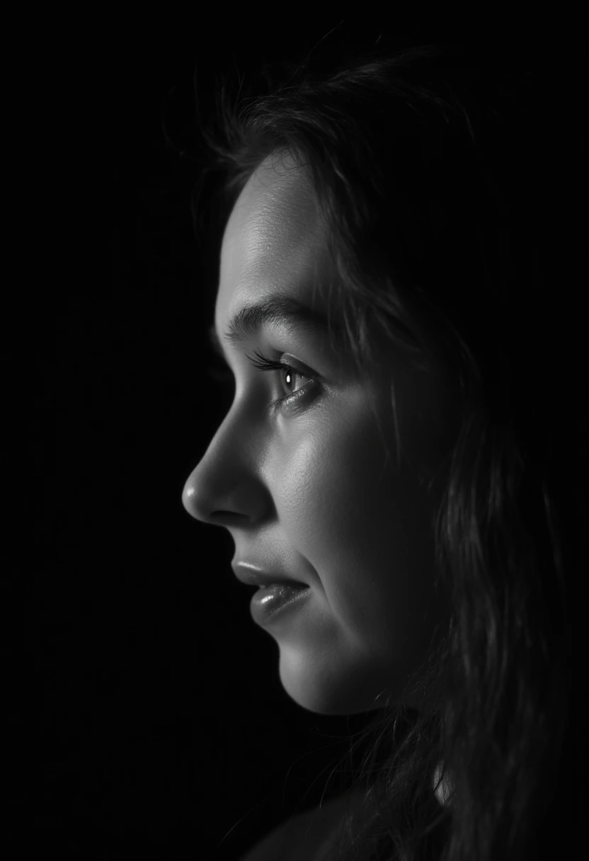 a black and white face profile photo of lenaschilling, a woman. The background is black.