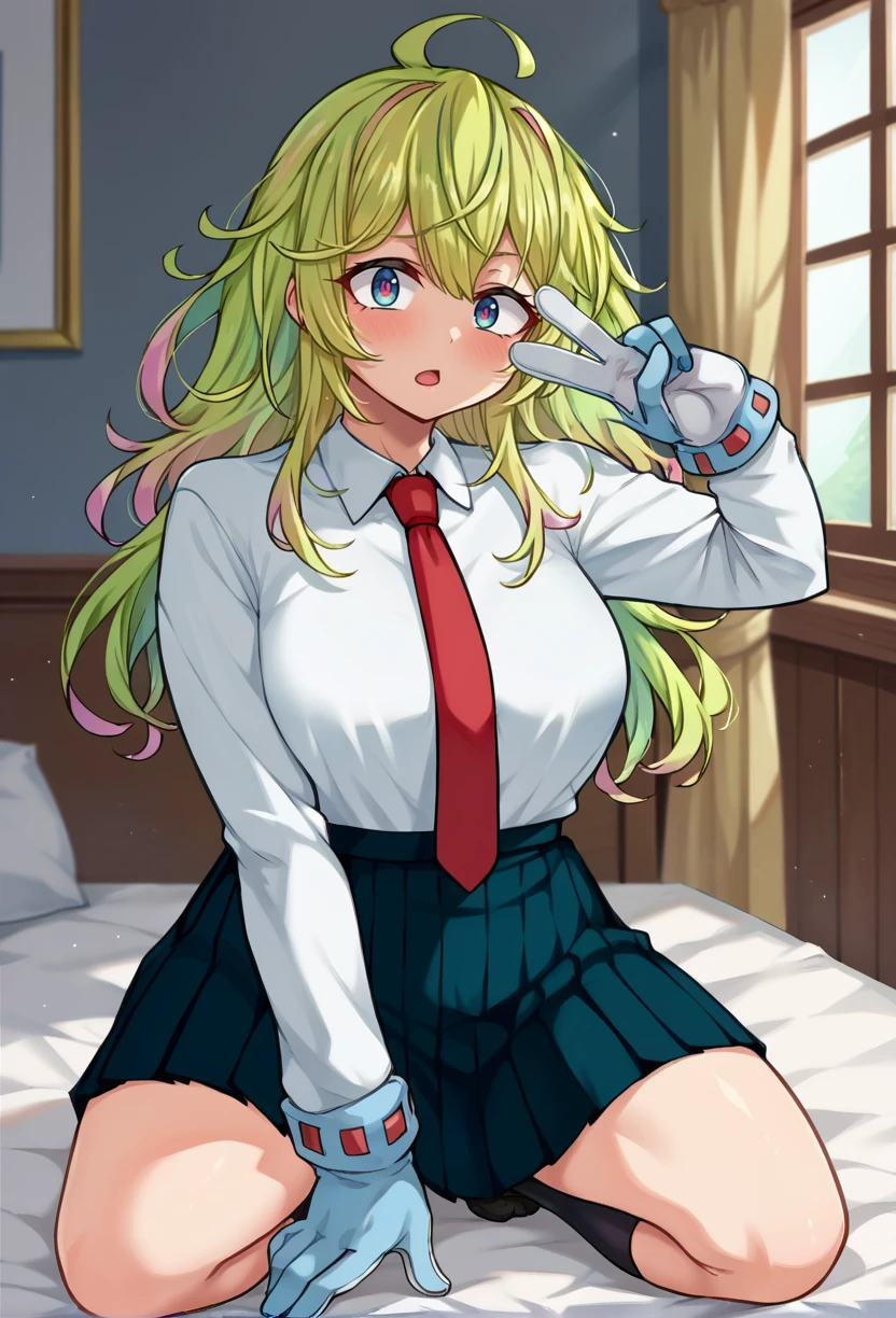 score_9,score_8_up,score_7_up BREAK <lora:tooruhagakure:1>,tooruhagakureSDXL,1girl,solo,long hair,green hair,multicolored hair,skirt,blonde hair,shirt,gloves,long sleeves,school uniform,white shirt,ahoge,pleated skirt,necktie,collared shirt,white gloves,black skirt,red necktie,black socks,cowboy shot,room,room background,kneeling, v