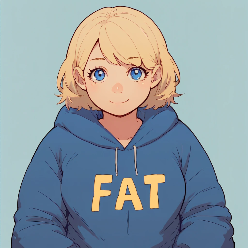 solo, female, 1girl, anime girl, smiling, big boobs, blonde hair, blue eyes, beautiful, fat-hoodie, iconic-hoodie, blue hoodie, yellow text, score_9, score_8, score_7_up