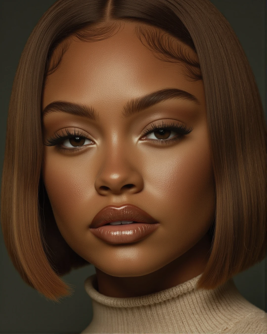 closeup headshot , A luxury black women with a straight 
short chestnut blond   hair, starring in a mona lisa like portrait painted by divinchi, dark offwhite crewneck shirt