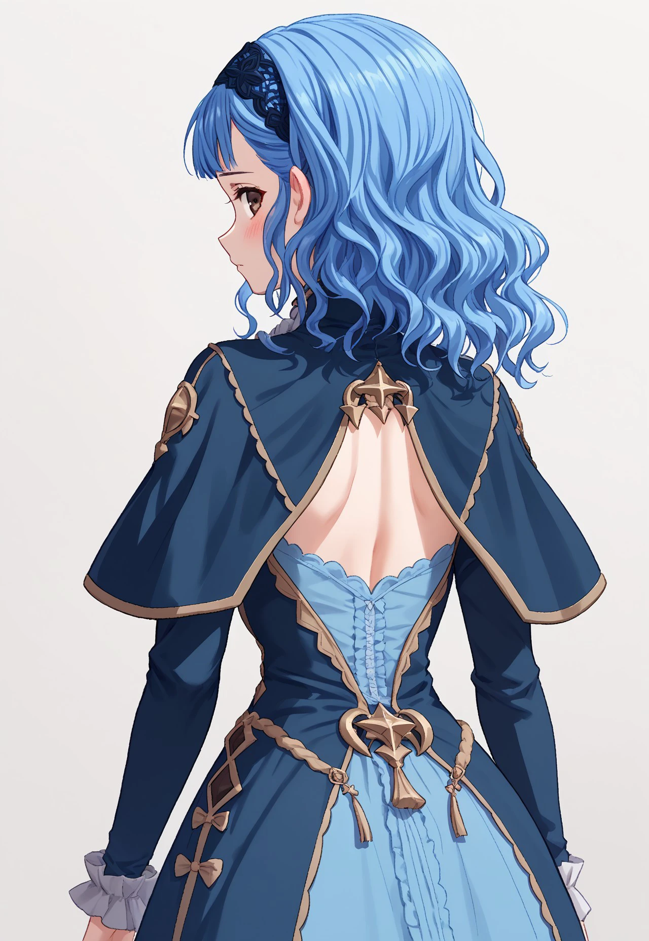 1girl, back, back_cutout, back_focus, backless_dress, backless_outfit, (((blue hair))), blush, brown_eyes, capelet, clothing_cutout, frills, from_behind, hairband, highres, jewelry, lace_hairband, long_hair, long_sleeves, looking_at_viewer, looking_back, solo, wavy_hair