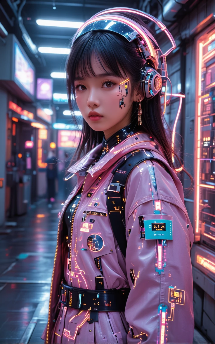 poster art, 1girl,solo,cyberpunk,scifi,1980s,retro fabric,neon colored ral-springfestival Neon Mauve outline,cyborg,RAW photo,subject,8k uhd,dslr,soft lighting,high quality,film grain,Fujifilm XT3,**** of ral-smlvltnpls,
