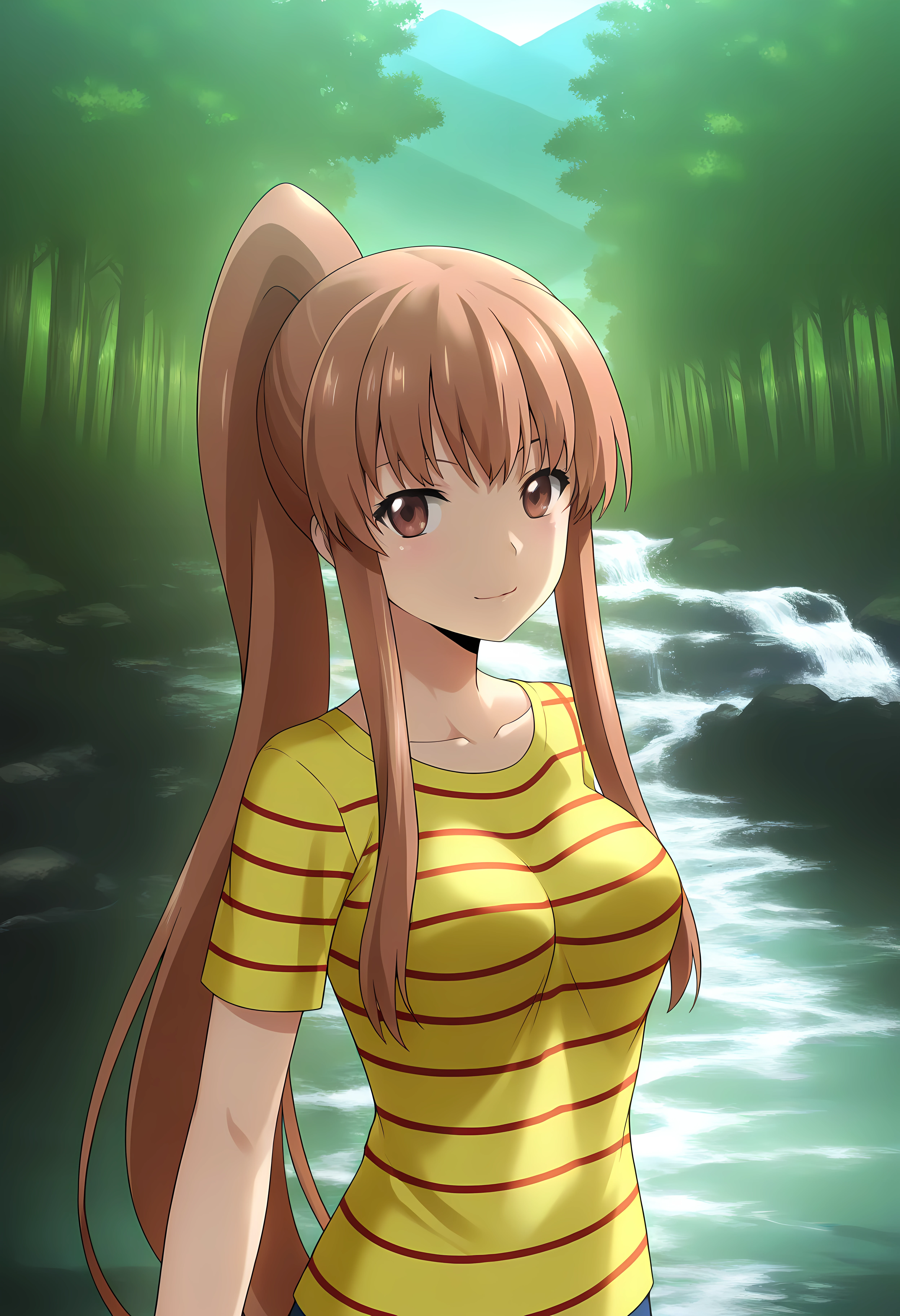 looking at viewer, closed mouth, shiny skin, light smile, petite,ohwx, long_hair, brown_hair, brown_eyes, ponytail, 1girl, sidelocks, breasts, large_breasts, medium_breasts, very_long_hair,striped_clothes, striped_shirt, shirt, Mountain river flowing through a Japanese forest, misty ambiance, soft sunlight filtering through trees,<lora:kazane_aoba_illustrious_sobsynapse-000003:1>