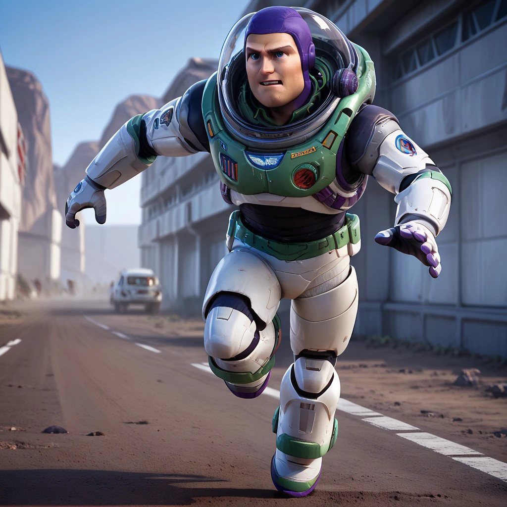 Score_7_up, score_8_up, 
BREAK,
3d, detailed, cinematic, full body, blightyear, spacesuit, purple cap, (clear helmet), running, action, science fiction, outdoors,