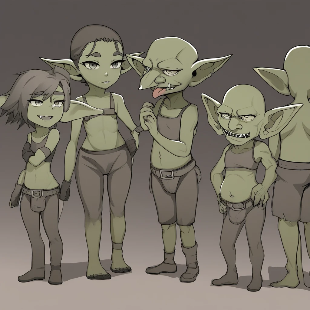 1 goblin female, (green skinned), small, long black hair, matted, medium breasts, breasts with natural sagging, goblin tribal clothing, (Leather wristbands), wild smile, fangs, full body
