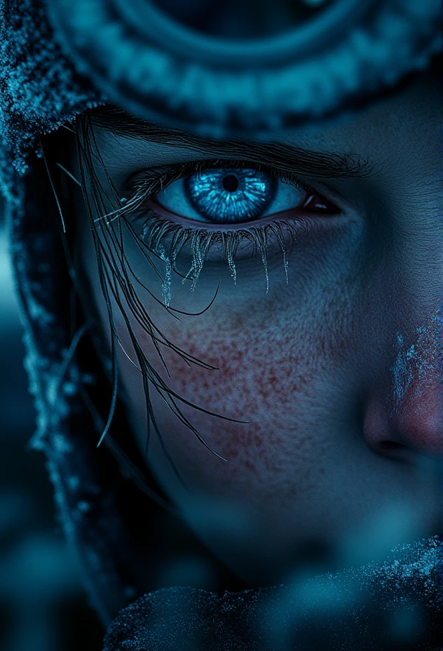 A close-up of a frost-covered, weary face with chapped lips and intense eyes, details of frozen eyelashes, under dramatic, moody lighting, snowflakes delicately resting on the skin, cinematic focus on facial texture and raw survivalist expression, illuminated by cold, blue-toned lighting, steam and frost swirling in the background  bv-fropunsty<lora:bv-frostpunk-style-v1.safetensors:1.0:1.0>