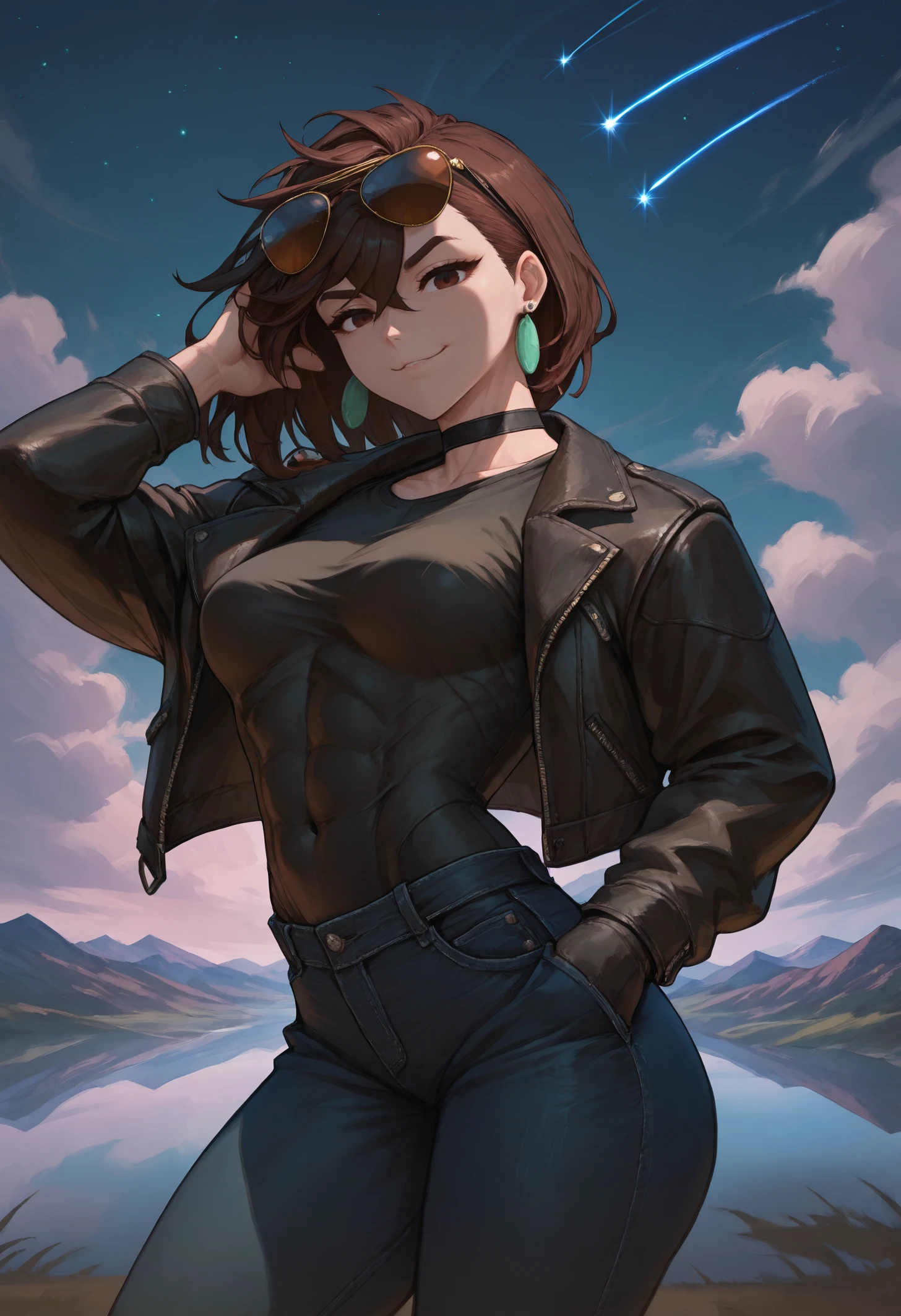 masterpiece, best quality,
1girl, aysmm, medium breasts, brown hair, brown eyes, medium hair, black choker, earrings,  jewelry,
aviator sunglasses, eyewear on head, collarbone, black jacket, leather jacket, black t-shirt, denim jeans, covered abs, covered navel, looking at viewer, bedroom eyes, hand in pockets, from side, seductive smile, hand in hair, hand up, standing, outdoors, cloud, mountainous horizon, shooting star, night sky, reflection, shooting star, landscape, starry sky, night, moon, crescent moon, 
 <lora:aysmm_idxl_EliPot:1>