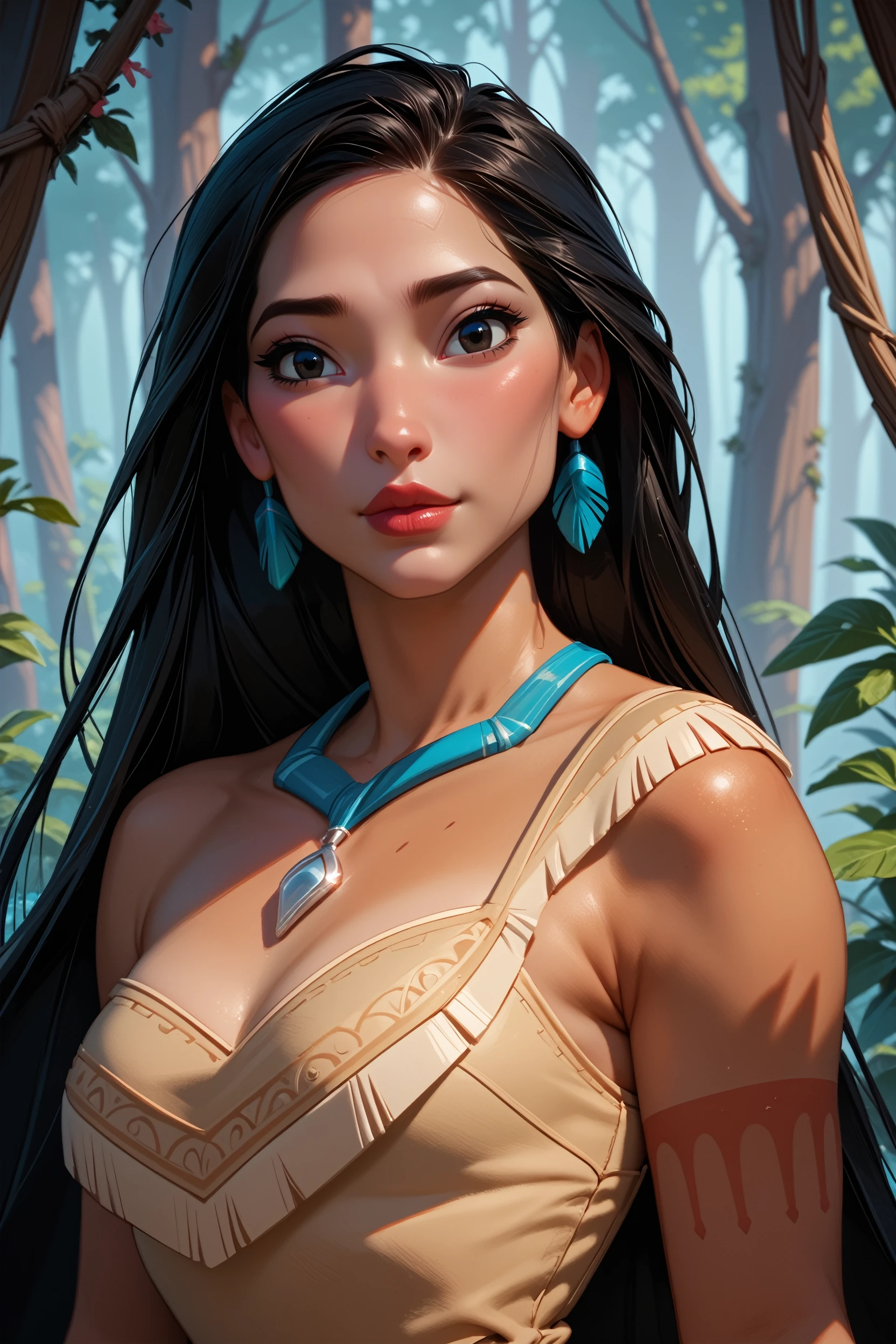 score_9, score_8_up, score_7_up,
<lora:DisneyPocahontas:1.0>
DisneyPocahontas, 1girl, black hair, black eyes, long hair, dark skin, looking at viewer, portrait