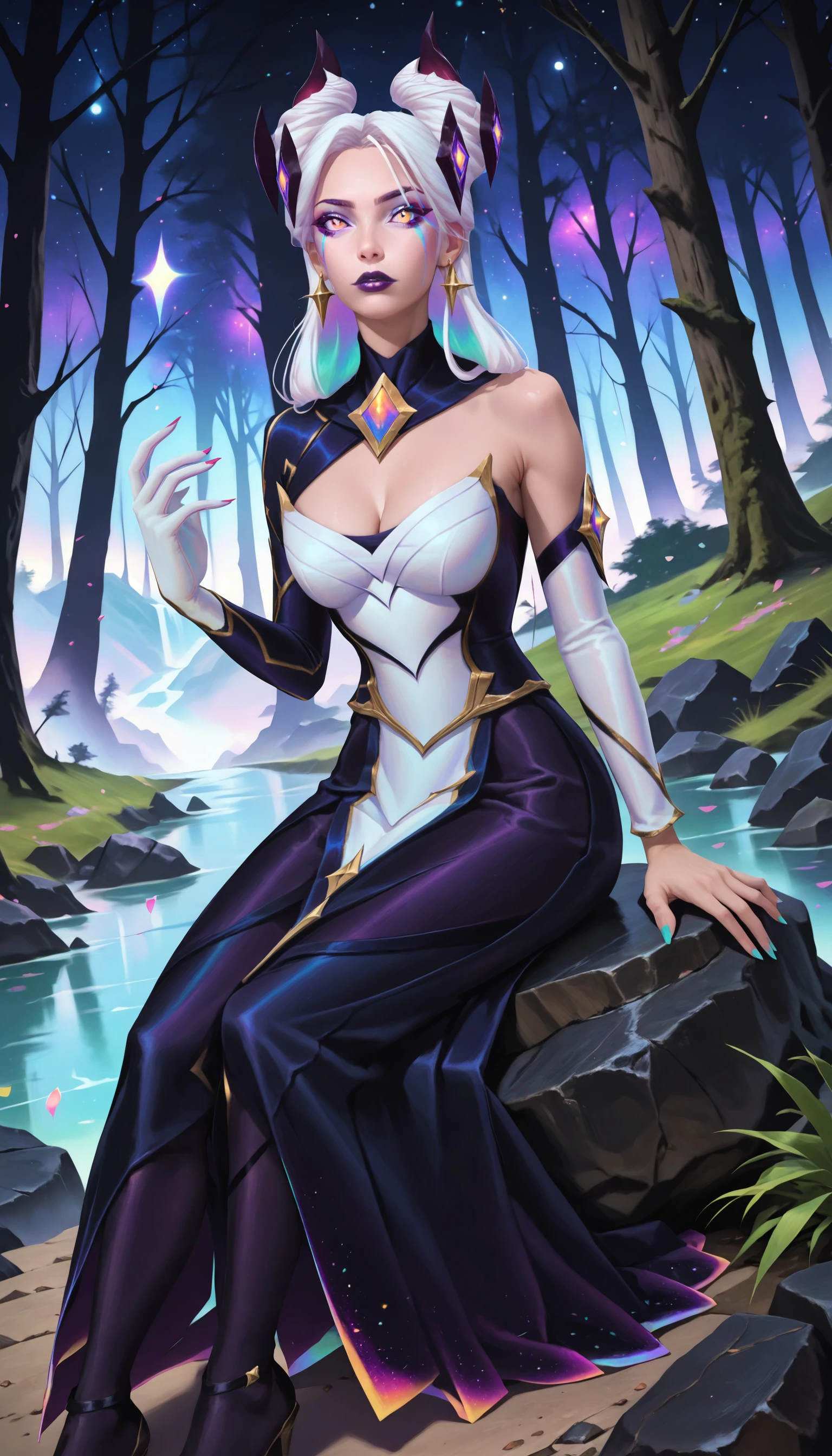 score_9, score_8_up, score_7_up, (solo, 1girl), absurdres, ,highres, official wallpaper), (masterpiece, best quality:1.2), (illustration, realistic), (perfect details, highest detailed, extreme detailed),
(star nemesis morgana, source_league_of_legends, white hair, long hair, bangs, dress, cleavage, jewelry, earrings, detached sleeves, horns, one hand turquoise nail polish, colored sclera, single hand white glove, purple lipstick, makeup, full body,
(sitting on rock:1.5), night, forest, midnight,