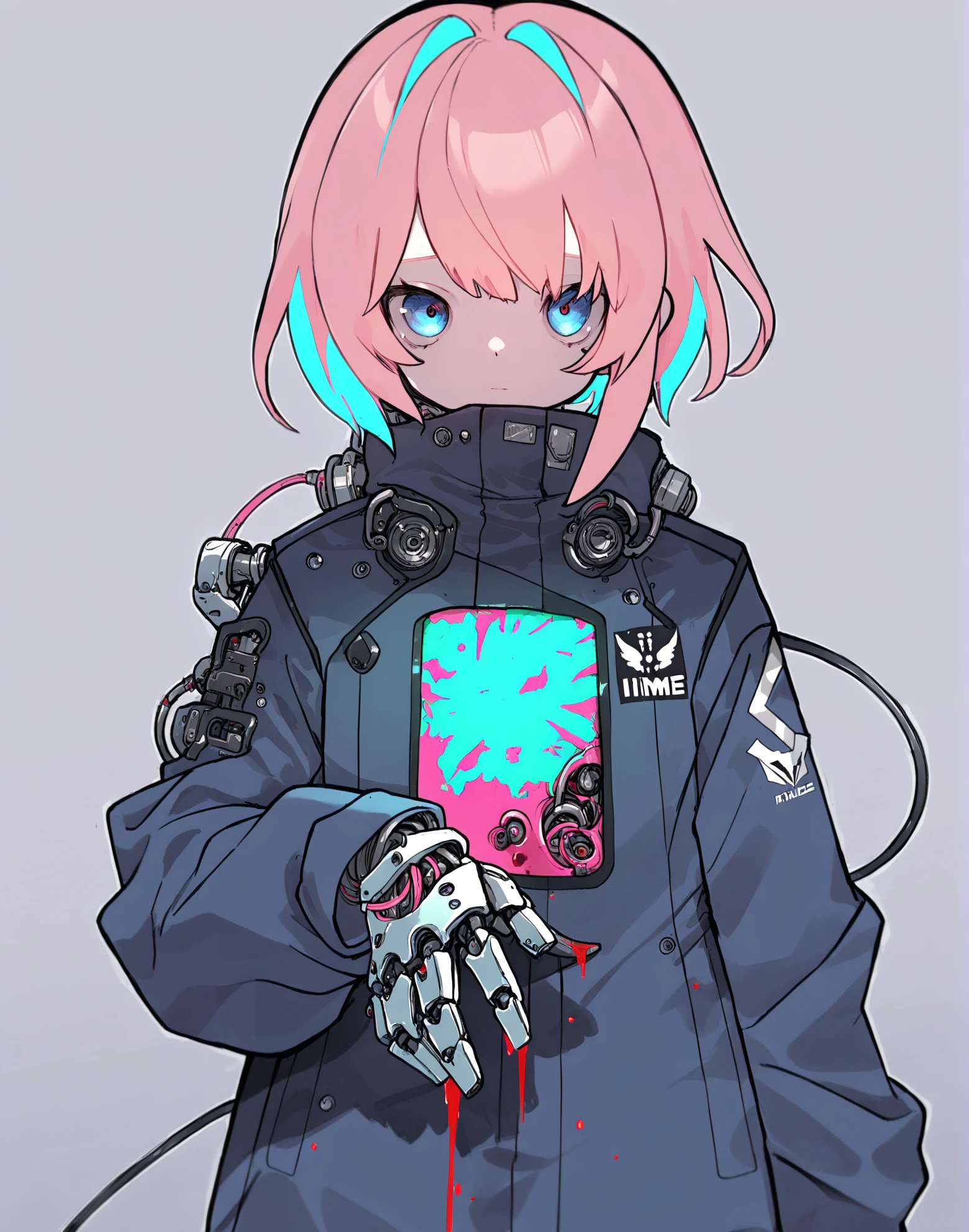 best quality,masterpiece,absurdres,newest,<lora:KAWAII STYLE_XL:0.85>,
(kawaii style,cute:1.2),
1girl, solo, mechanical arms, simple background, grey background, single mechanical arm, looking at viewer, cyborg, blood, android, jacket, mechanical parts, multicolored hair, cowboy shot, robot joints, blue eyes, cable, science fiction, closed mouth, bangs, joints, long sleeves, upper body, a digital drawing inime style, featuring a young woman with pale skin and striking, pastel pink hair, her large, expressive blue eyes stand out against her pale complexion, she wears a black, high-collared coat with a high collar and a small, black logo on the left chest, the coat is made of a shiny, metallic material that reflects light, giving it a futuristic, cyberpunk appearance, her left arm is robotic, with a large, mechanical arm extending from her right hand, showcasing intricate, glowing circuitry and mechanical details, the right arm is also robotic, showcasing a mix of metallic and organic textures, with visible iridescent colors in shades of blue, green, and pink, the background is a gradient of dark to light grey, ensuring the focus remains on the subject, the overall composition is dynamic, with the woman's gaze slightly off-camera, adding a sense of mystery and intrigue to the scene, the drawing uses bold, clean lines and vibrant colors, enhancing the futuristic and sci-fi aesthetic