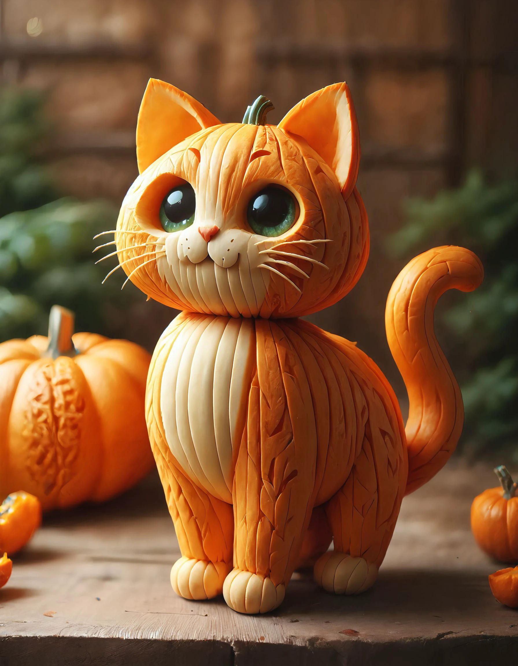 score_9, score_8_up, score_7_up, score_6_up, score_5_up,
photo of a cute cat, standing, made out of pumpkin <lora:whimsical_pumpkin:1>