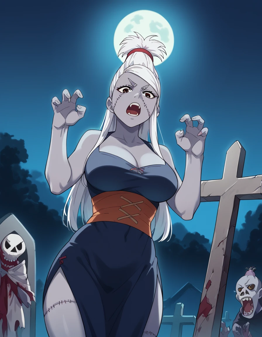 score_9, score_8_up, score_7_up, source_anime, <lora:seiko-ayase-alpha-ponyxl-lora-nochekaiser:1>, seiko ayase, long hair, large breasts, white hair, brown eyes,, <lora:zombie-ponyxl-lora-nochekaiser:1>, zombie, colored skin, stitches, grey skin, multicolored skin, stitched face, zombie pose, halloween, halloween costume,, night, moon, graveyard, tombstone, grave, open mouth, , dutch angle, cowboy shot