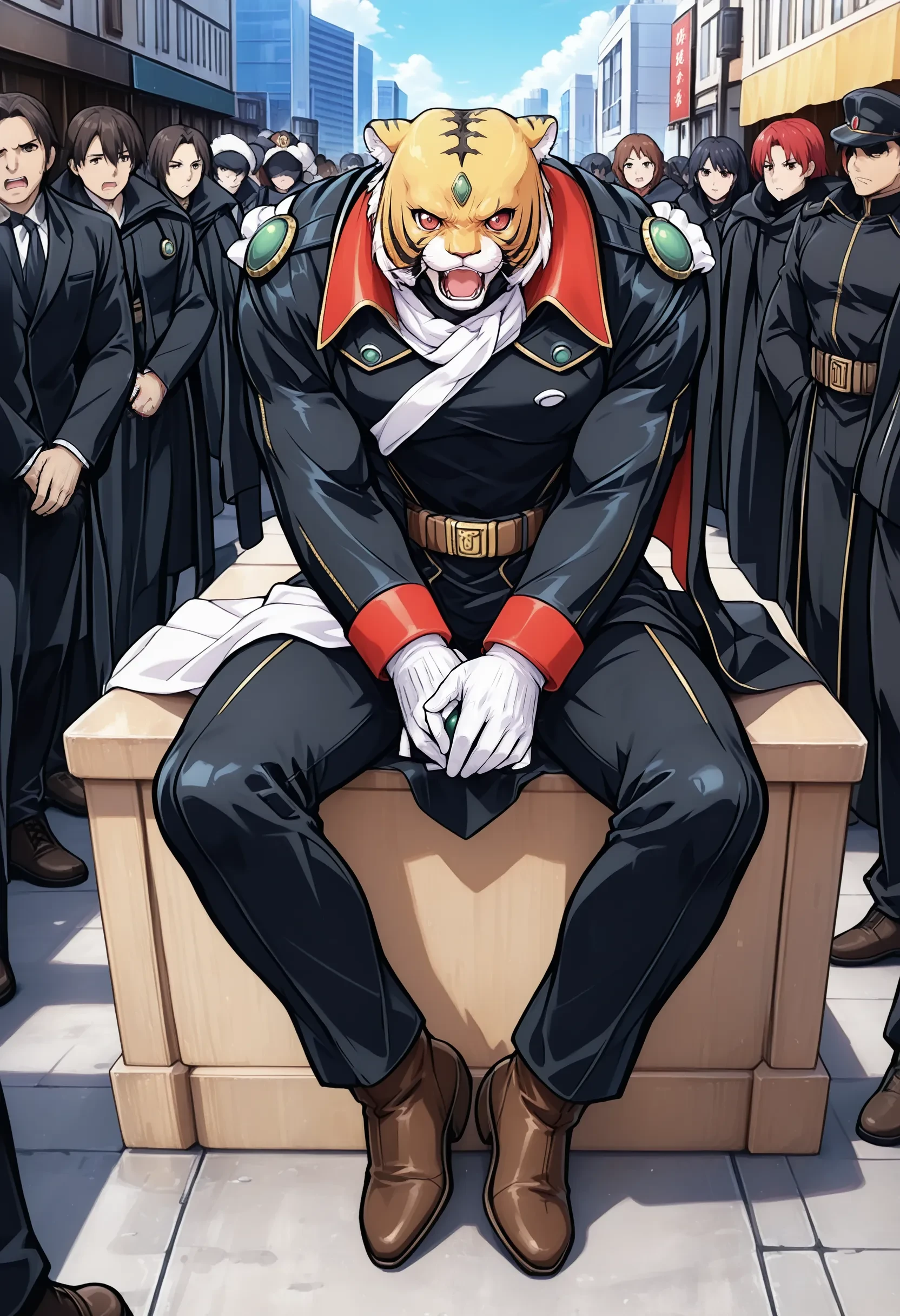 1boy, Tiger Joe, forehead green jewel, red eyes, white ascot, cloak, black jacket, white gloves, belt, black pants, brown boots, angry, big muscular male, 
outdoors, city, japan, audience, crowd, 
sitting, from above, barefoot, looking up,arms between legs, masterpiece, best quality, absurdres, high resolution, 8k, official art, official style, source_anime, uncensored, anime screencap, anime coloring, newest, (ai-generated:0.6) <lora:OY-Tiger_Joe_XL(ill)v10:1>